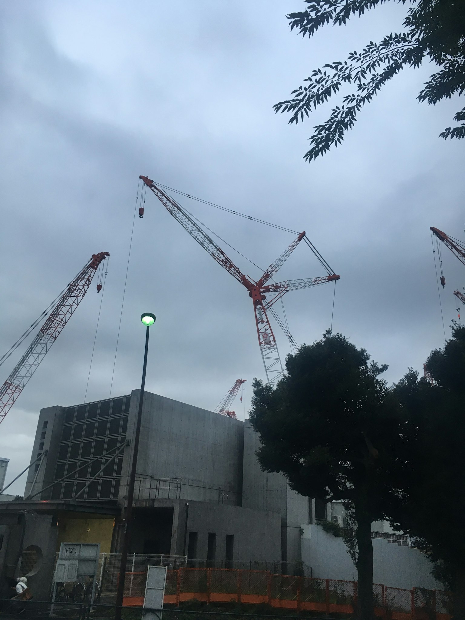 Grù rosse che sovrastano un cantiere sotto un cielo nuvoloso