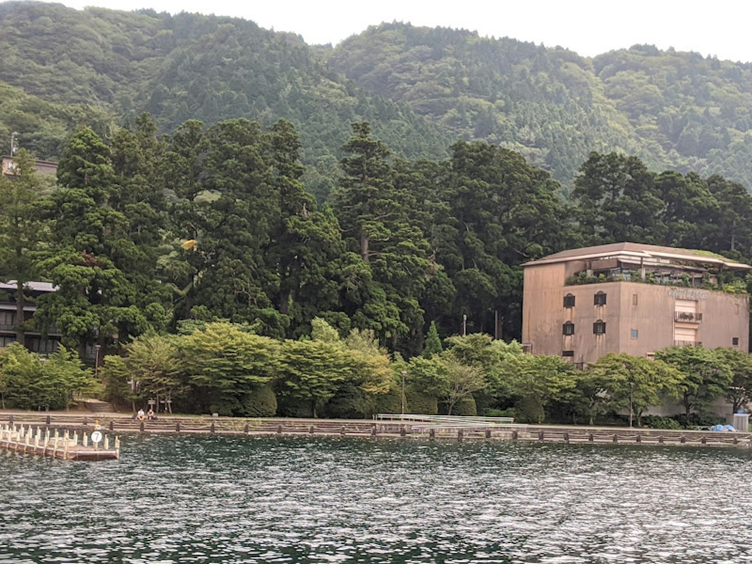 Vista panoramica di un lago tranquillo circondato da montagne e alberi verdi lussureggianti