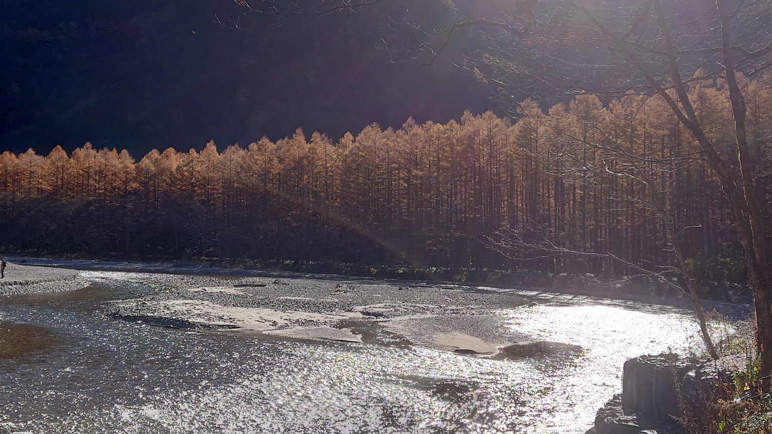 Scenic view of a river reflecting sunlight with autumn trees