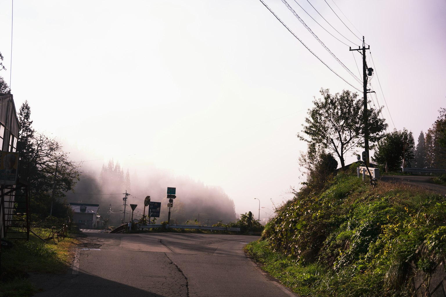 Scène de route rurale enveloppée de brouillard avec poteaux électriques et panneaux visibles