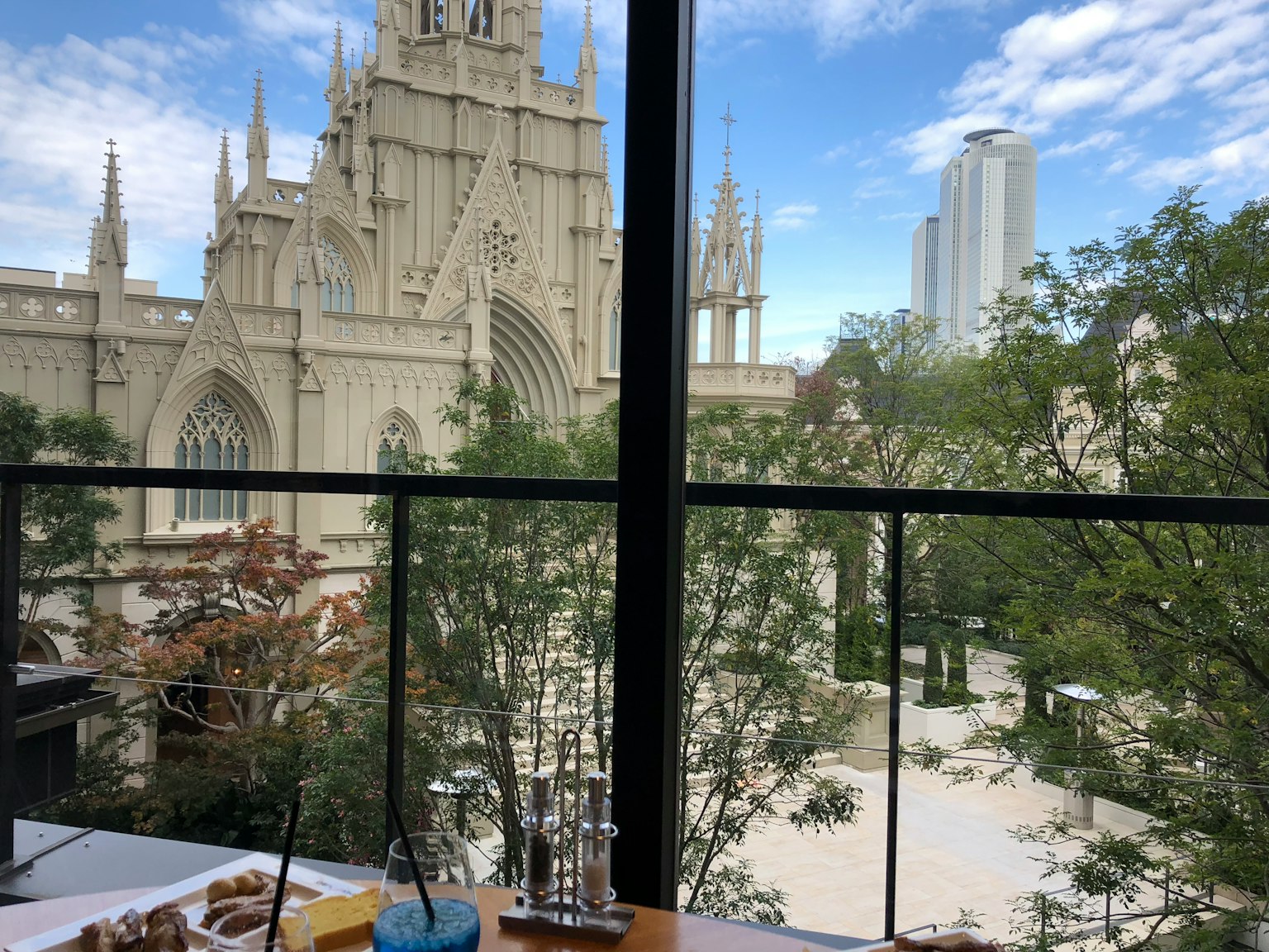 View from a window showcasing a beautiful church and a green park