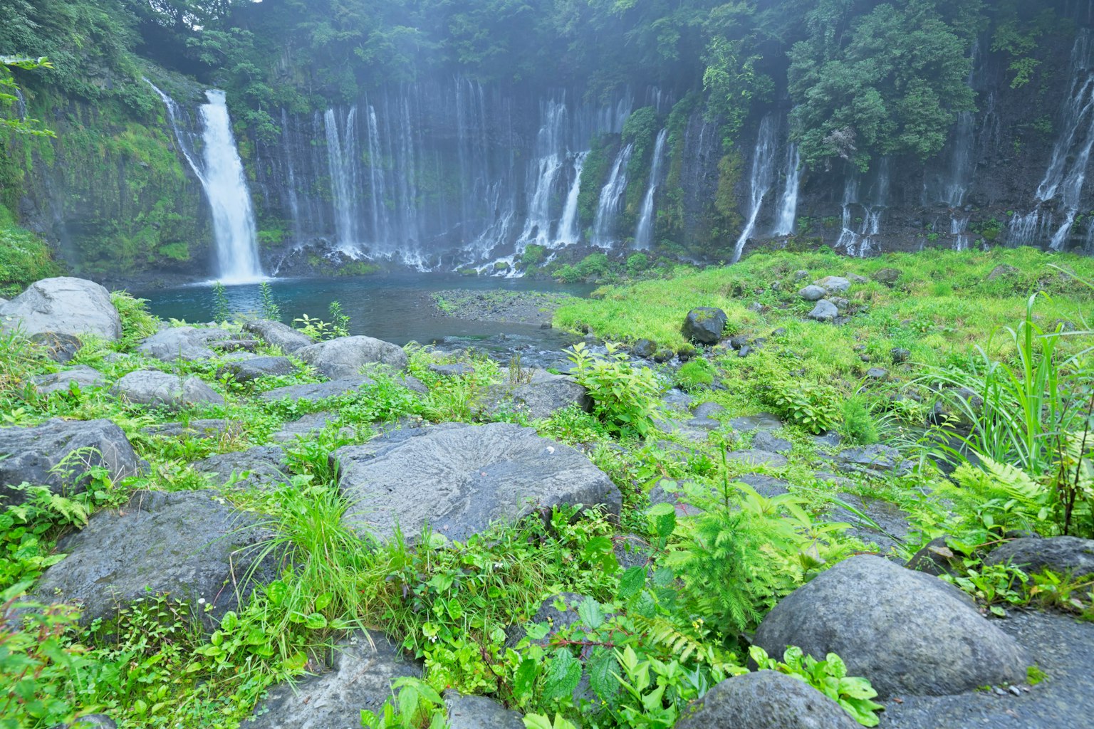 Lanskap hijau subur dengan air terjun dan batu di lingkungan berkabut