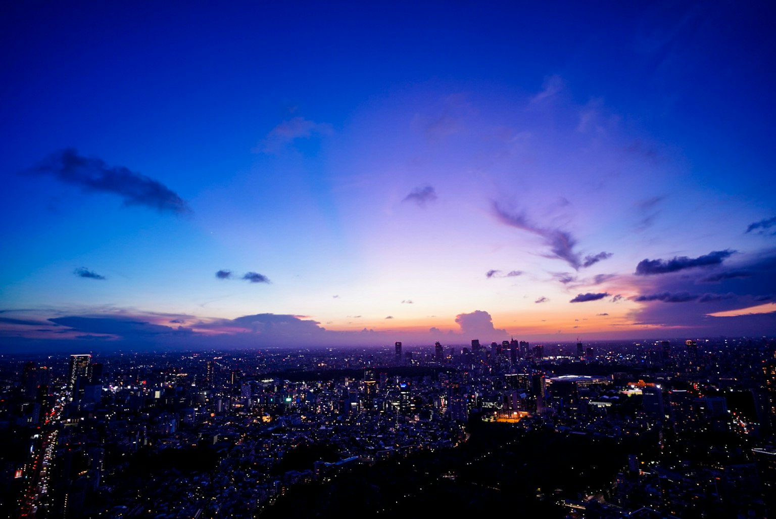 东京天际线的全景视图，夕阳西下