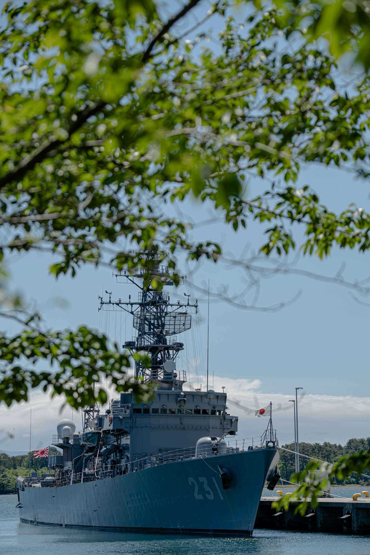 Un navire de guerre bleu amarré au port vu à travers le feuillage