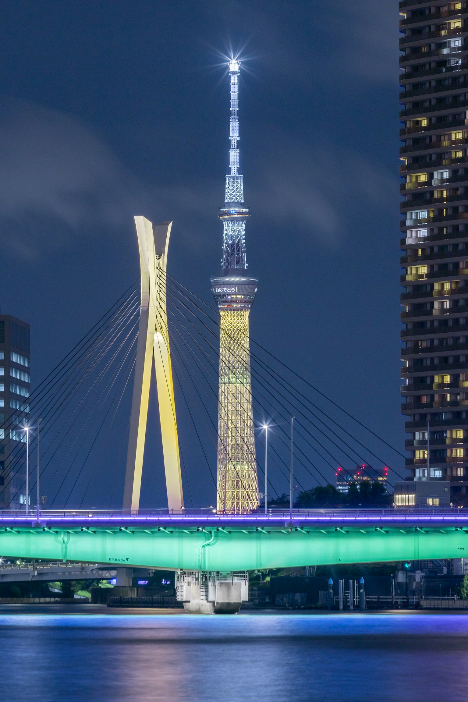 夜间照亮的东京晴空塔与彩色桥梁
