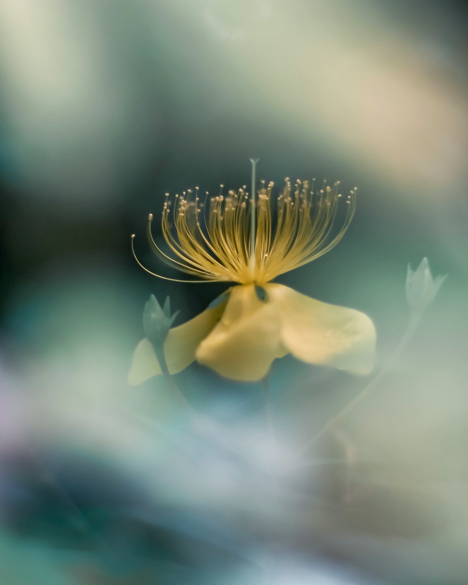 柔和色彩中黄色花朵的特写，细腻的花瓣和独特的雄蕊