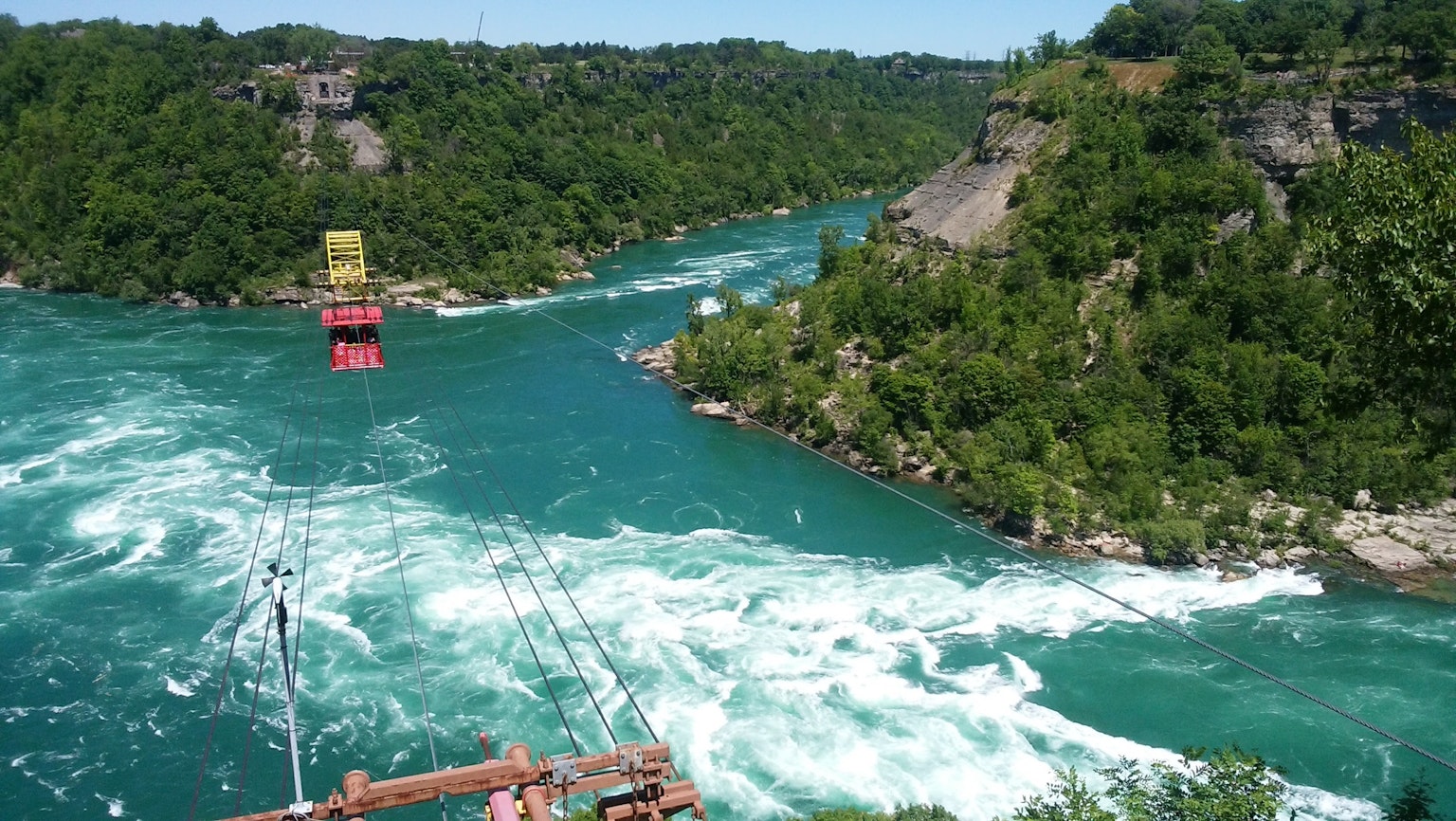 Cảnh sông Niagara với bờ xanh tươi và dòng chảy trắng