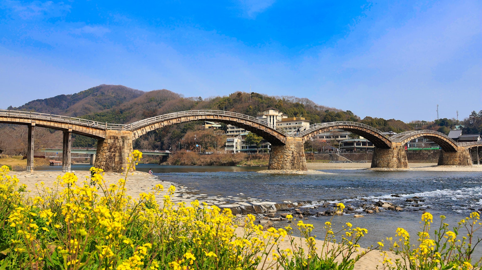 Vue pittoresque d'un pont en pierre sur une rivière avec des fleurs jaunes au premier plan