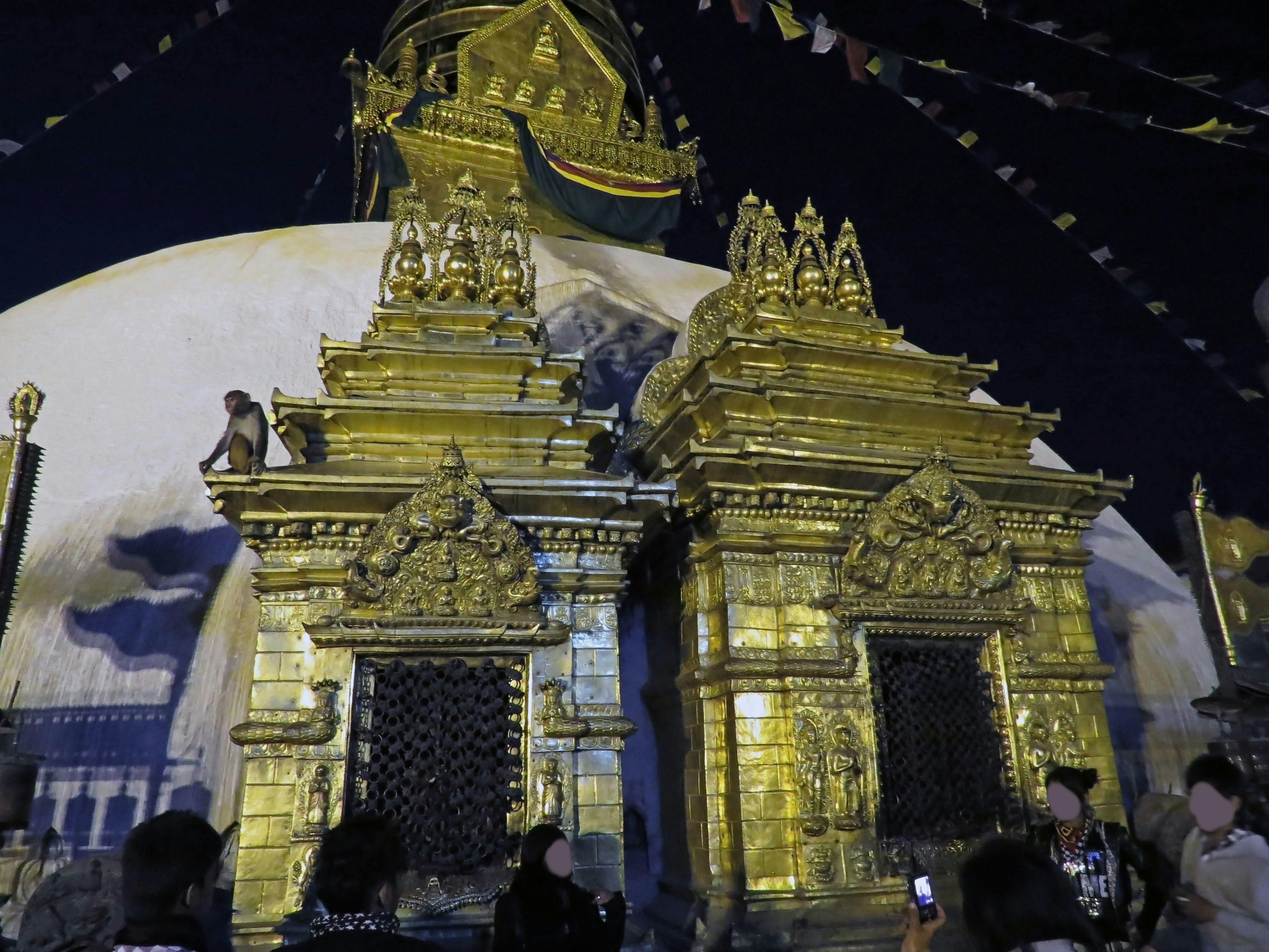 夜の金色の寺院の正面と門