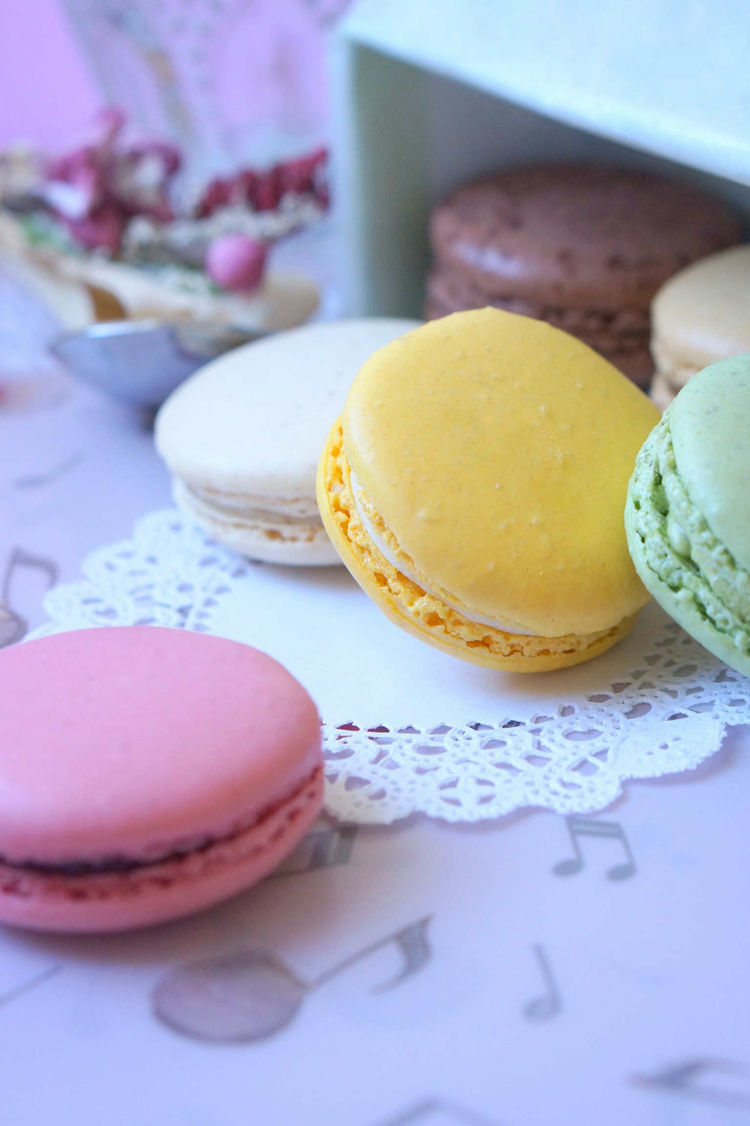 Bunte Macarons auf einem Spitzenuntersetzer angeordnet