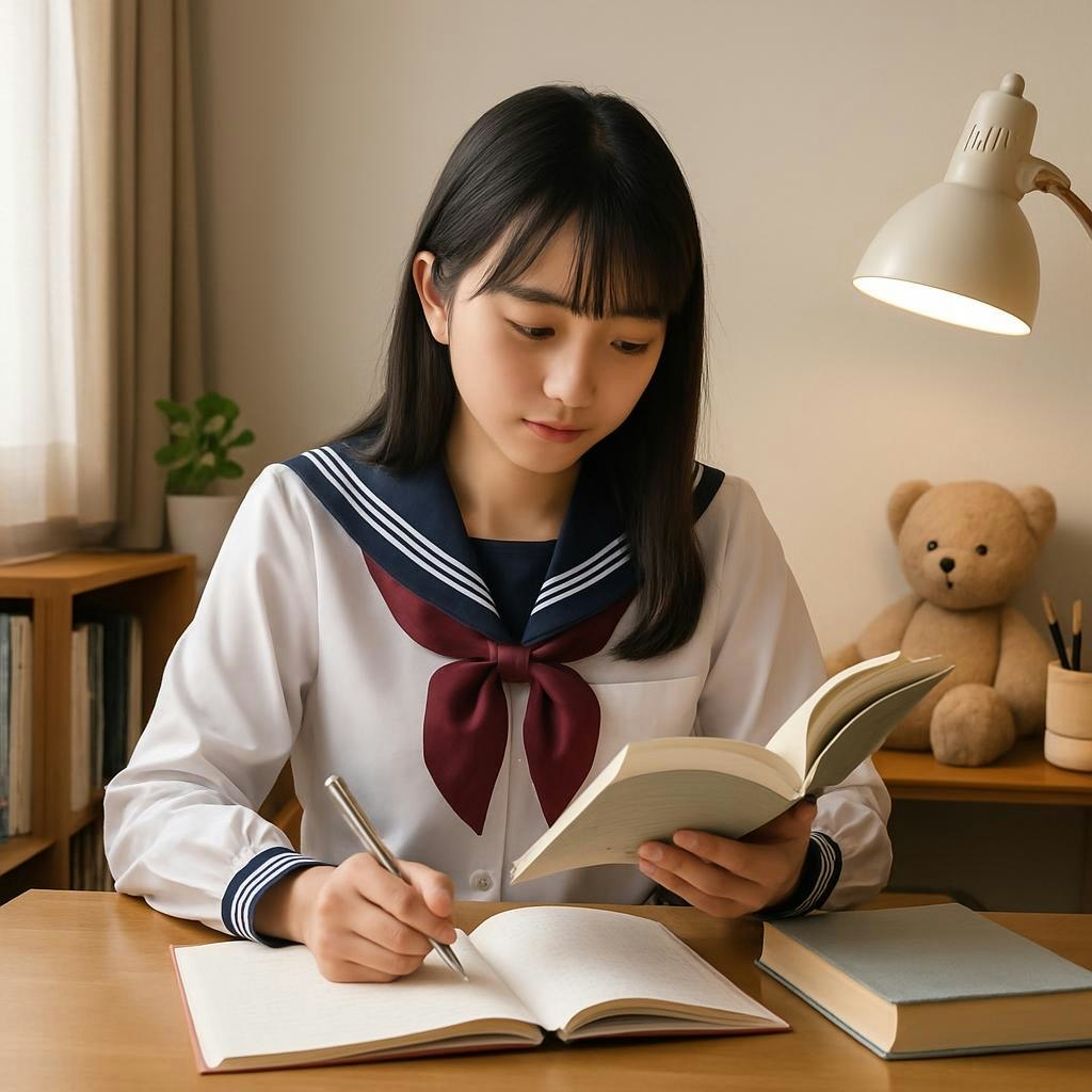 自室で勉強する制服姿の女子がノートに書き込む学習風景