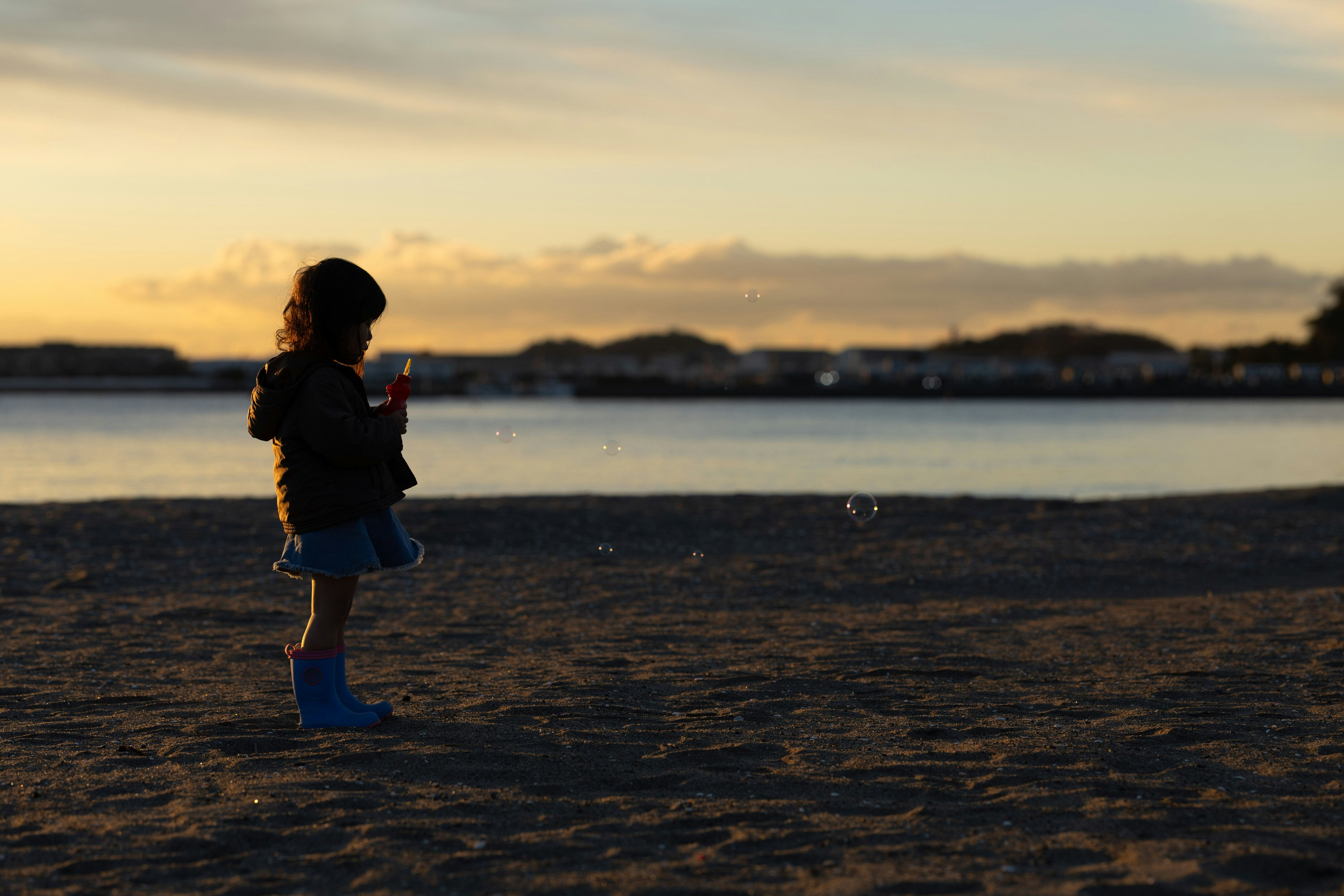 夕暮れの海辺を歩く親子