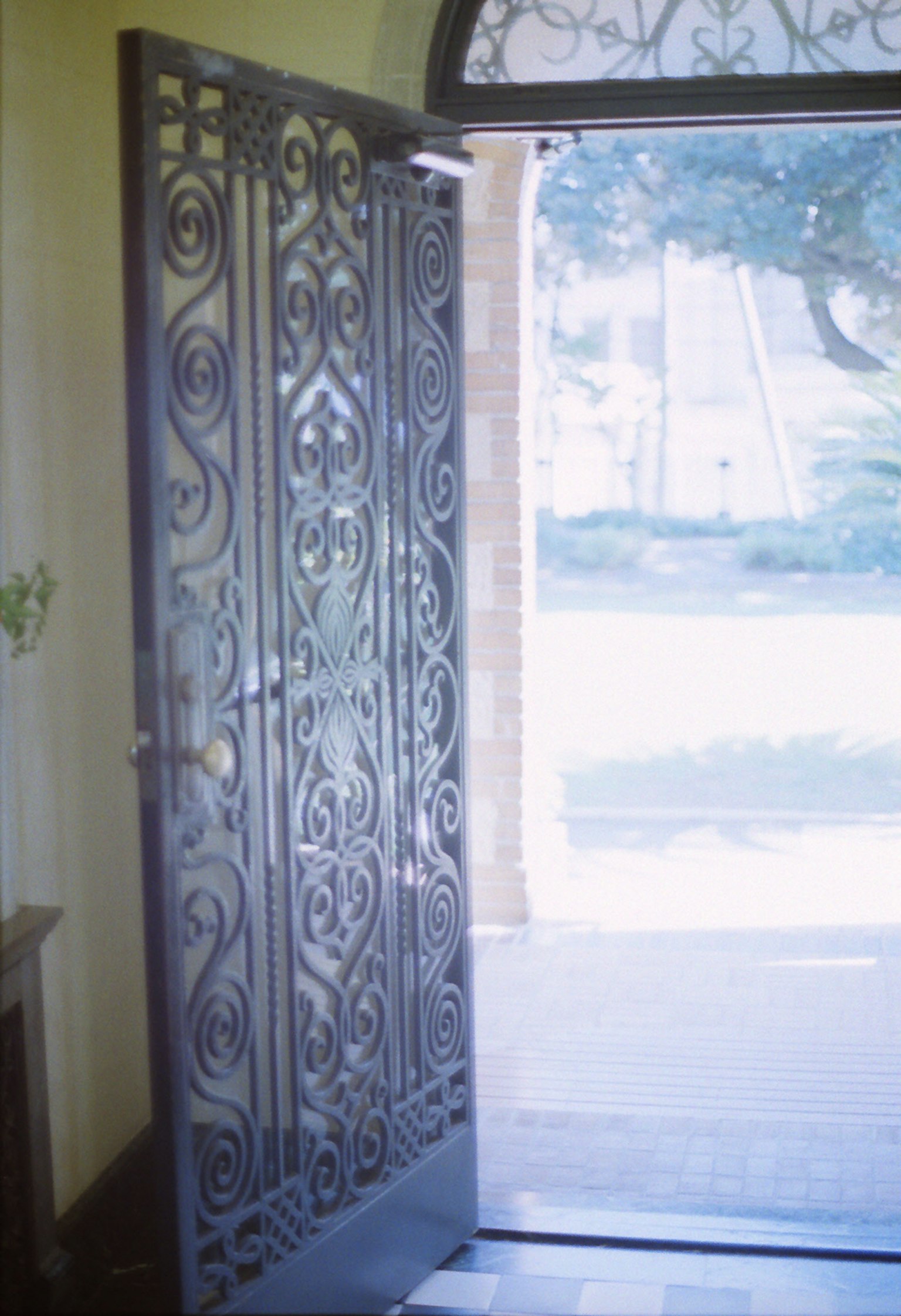 Una puerta de hierro forjado ornamentada está abierta, revelando una vista del jardín exterior