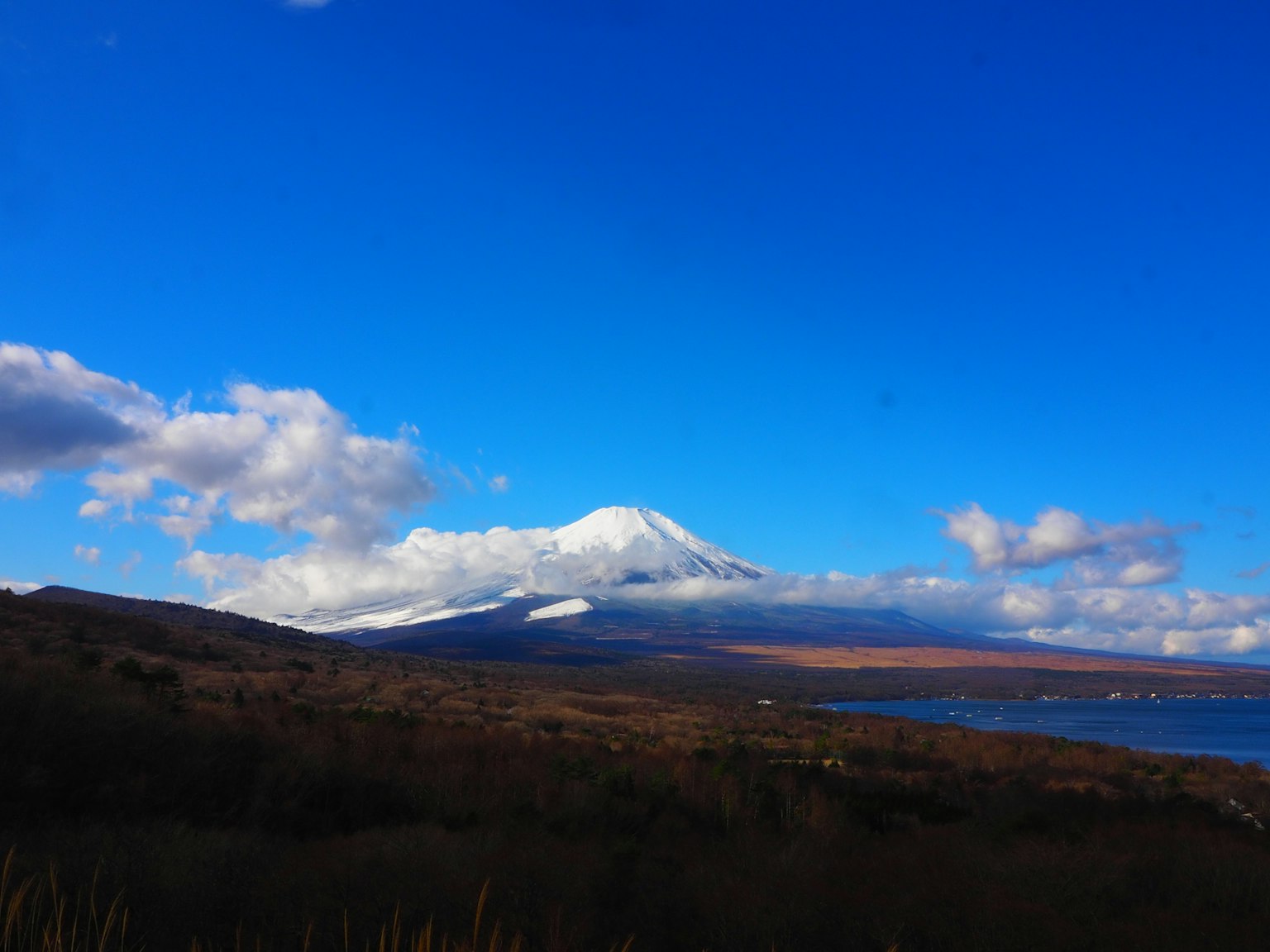 雪顶富士山在晴朗蓝天下的美丽景观