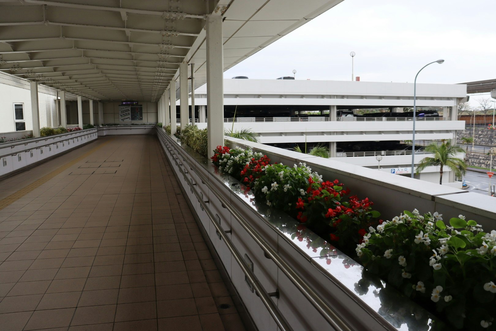 空港の通路に並ぶ色鮮やかな花壇と花