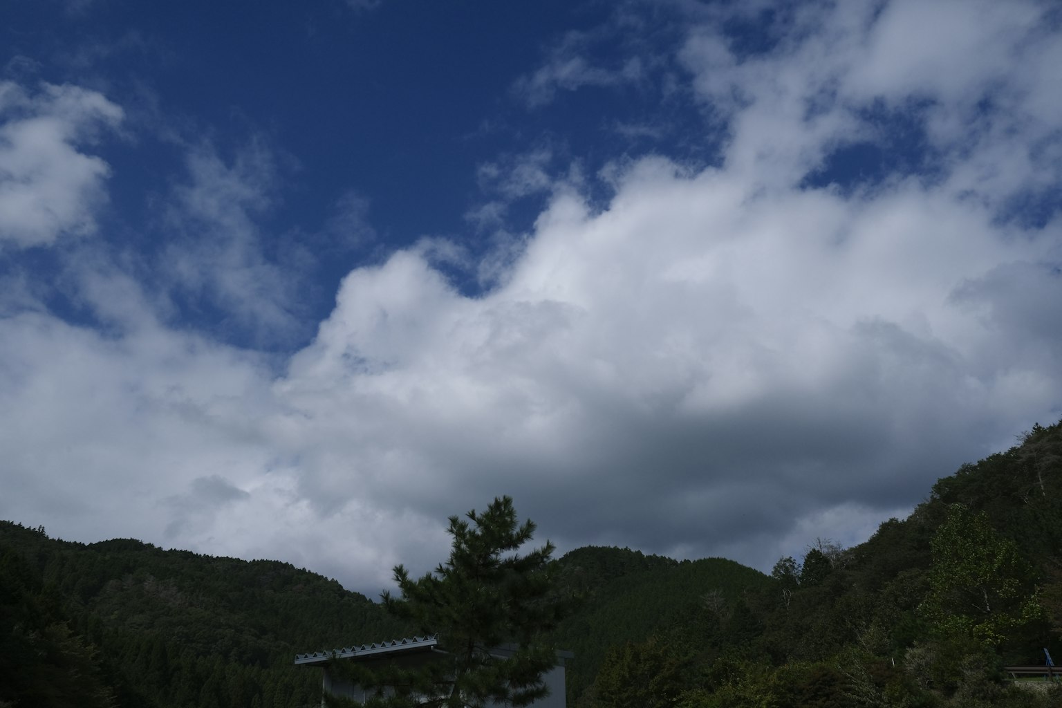 蓝天白云的风景 山和树木可见