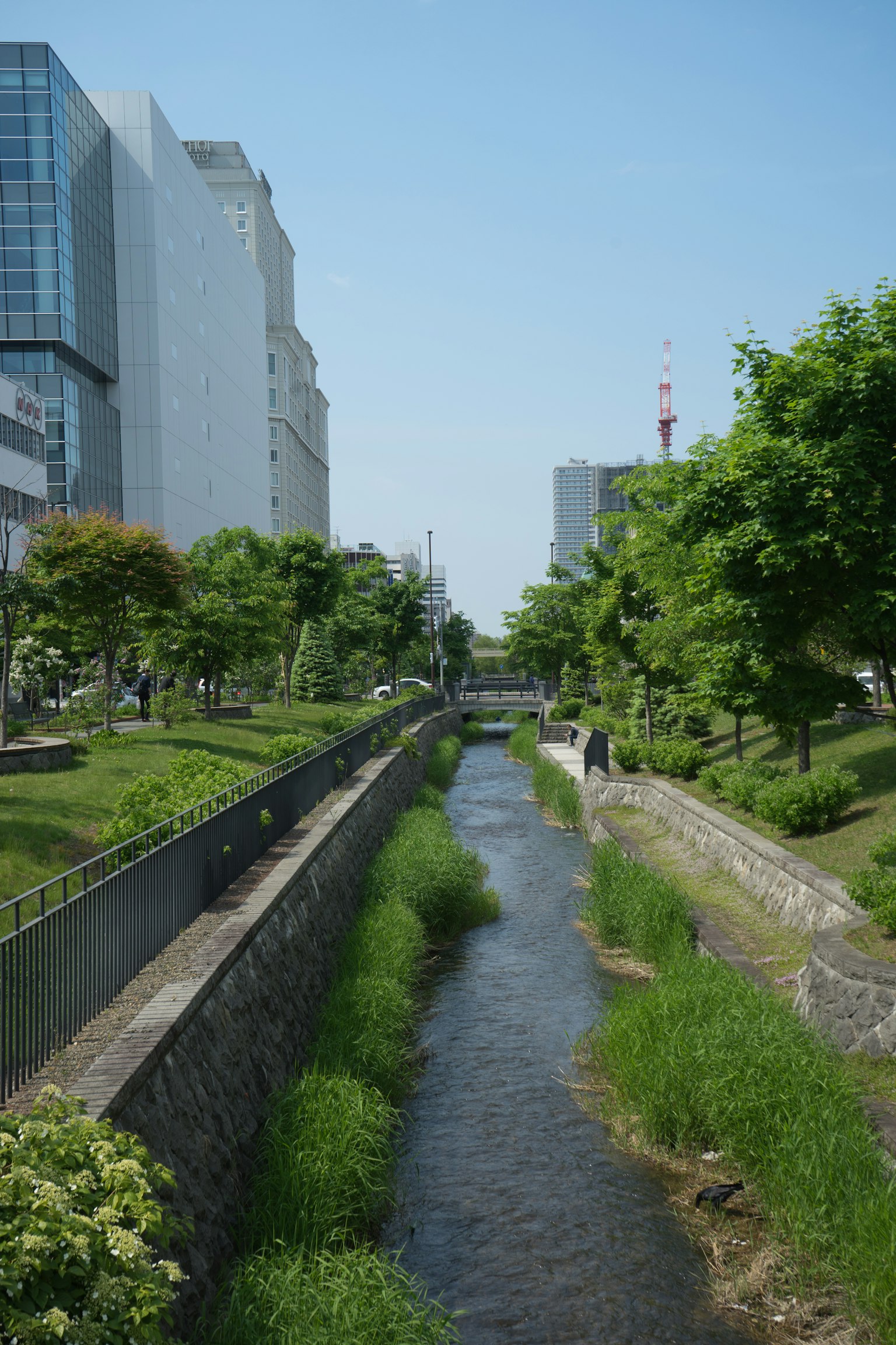 Urban landscape featuring a river and green trees under a blue sky