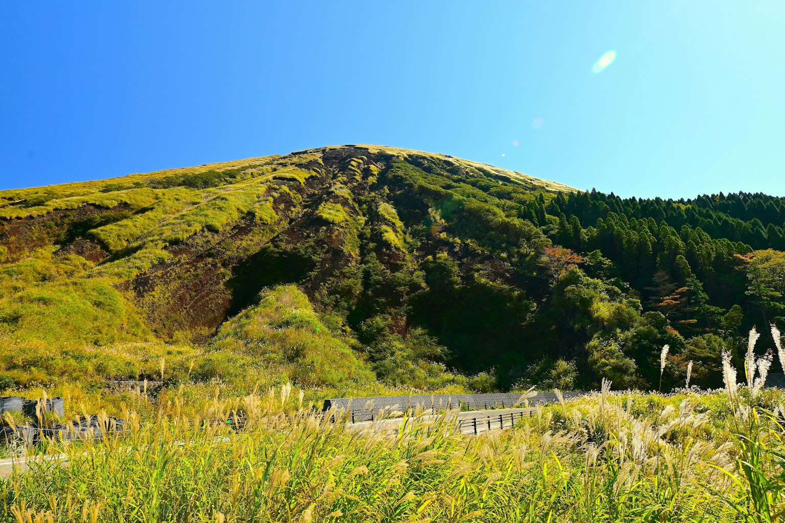 藍天下生機盎然的綠色山坡和草地