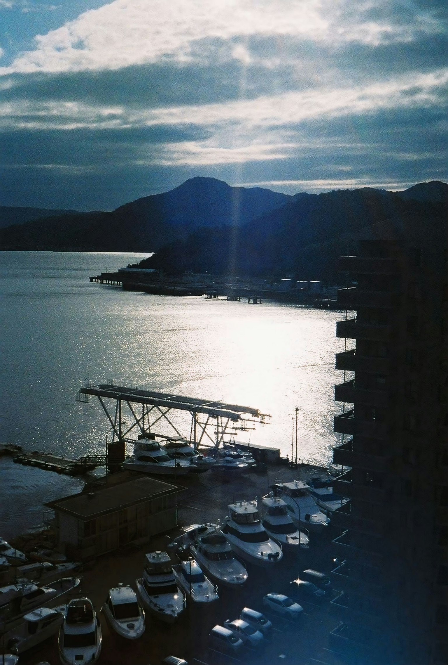 海に映る光とボートが並ぶ港の風景