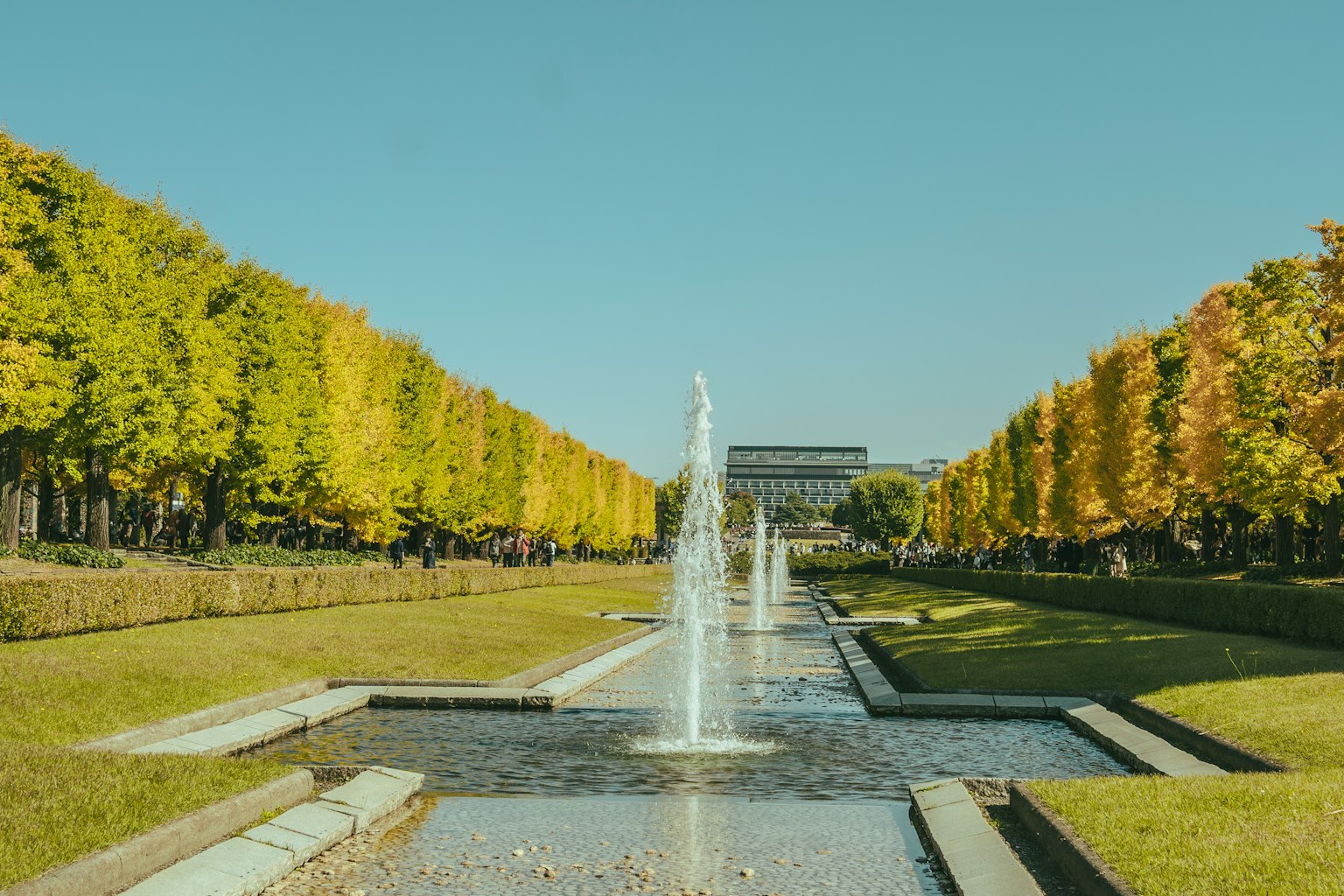 Fuente de jardín con caminos arbolados coloridos