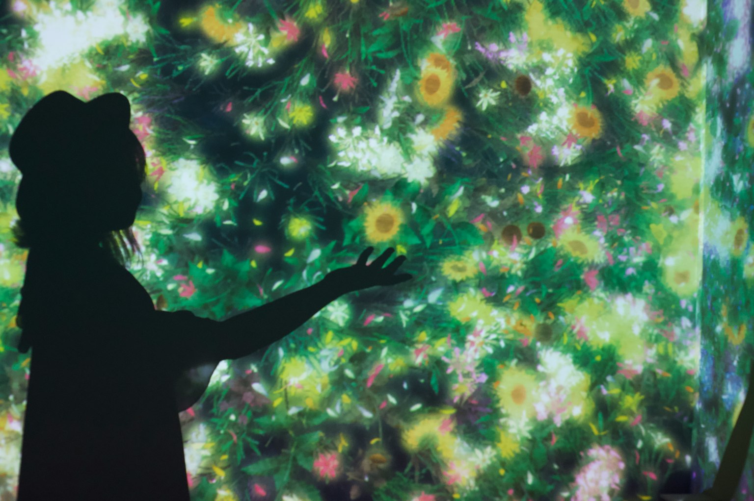 Silhouette di una donna che si avvicina a una proiezione floreale colorata