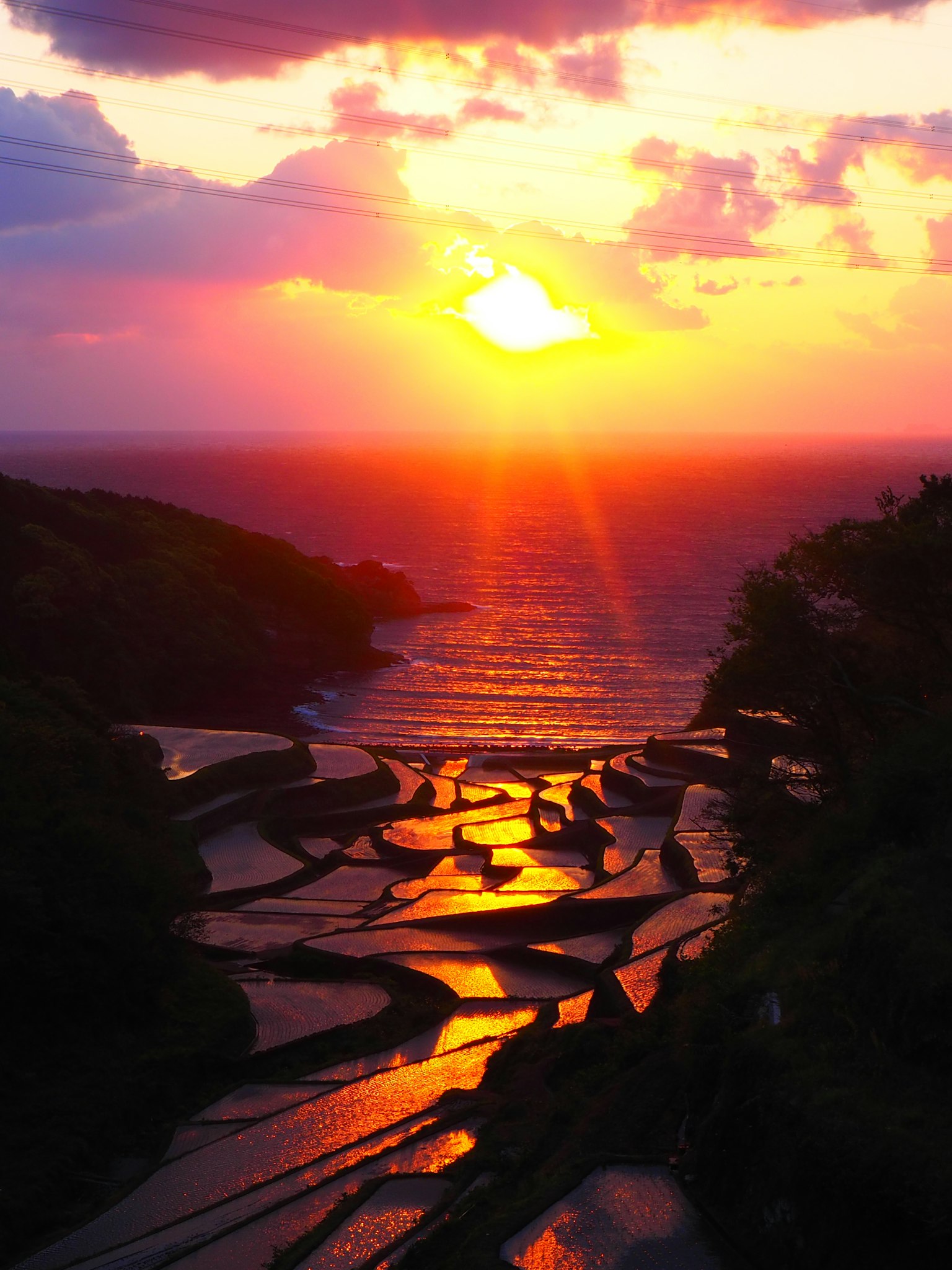 Stupendo tramonto sul mare con riflessi luminosi sui terrazzamenti di riso