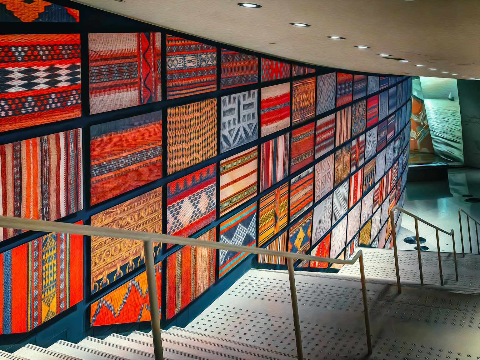 Murale di tessuti colorati esposto lungo la scala