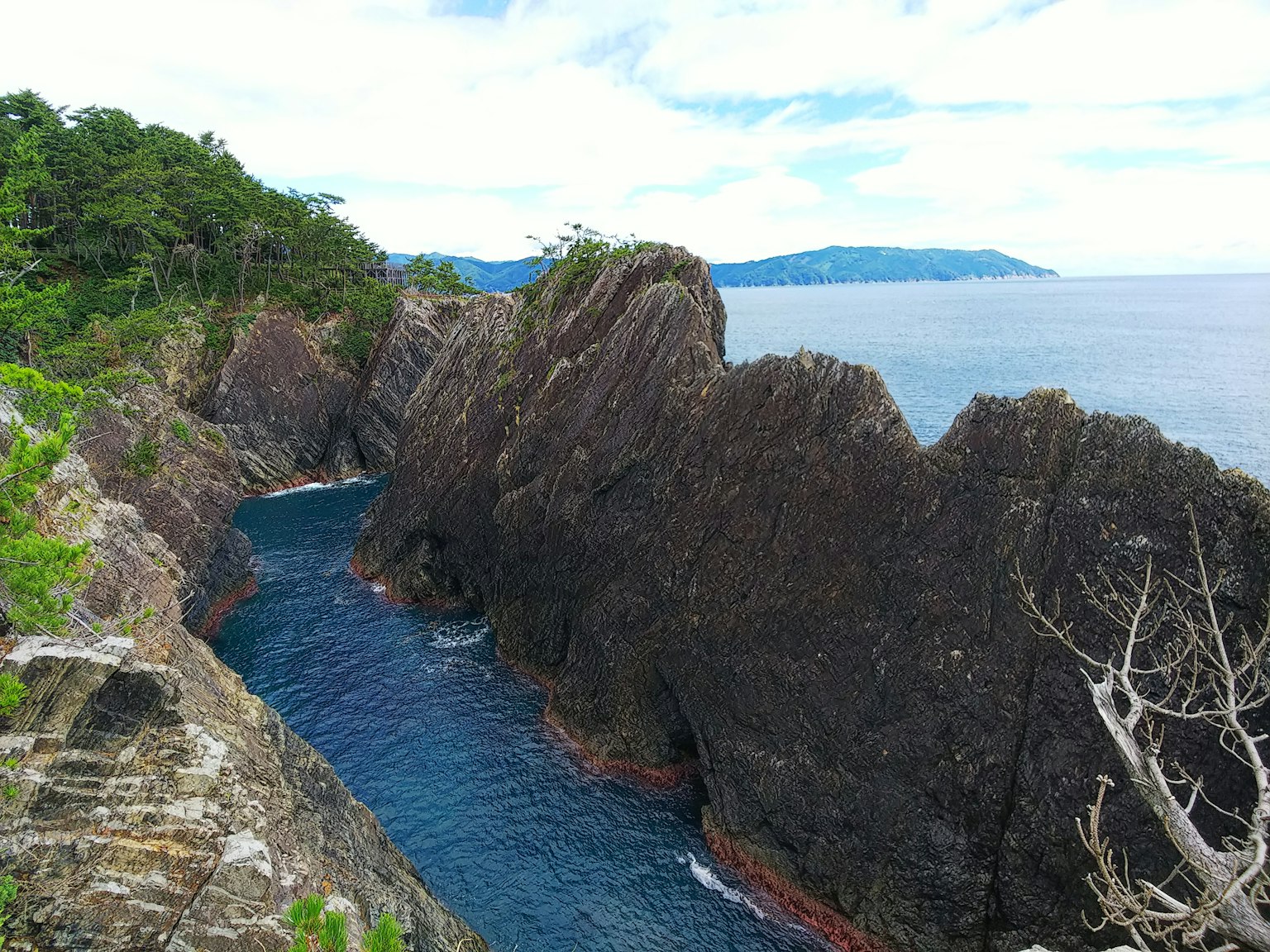 Vue pittoresque de falaises escarpées entourées par l'océan bleu