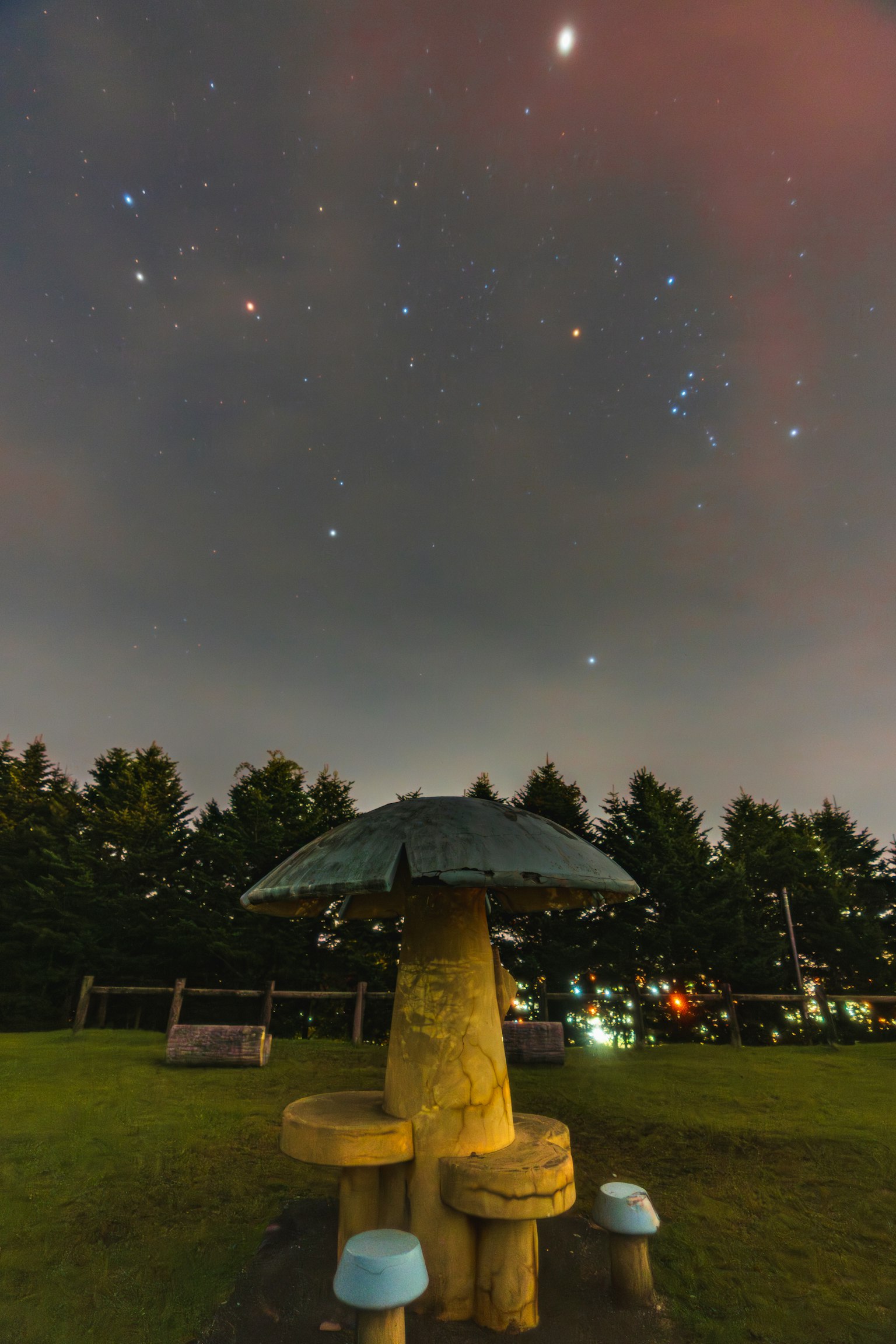 Large mushroom-shaped bench and table under a starry sky in a park