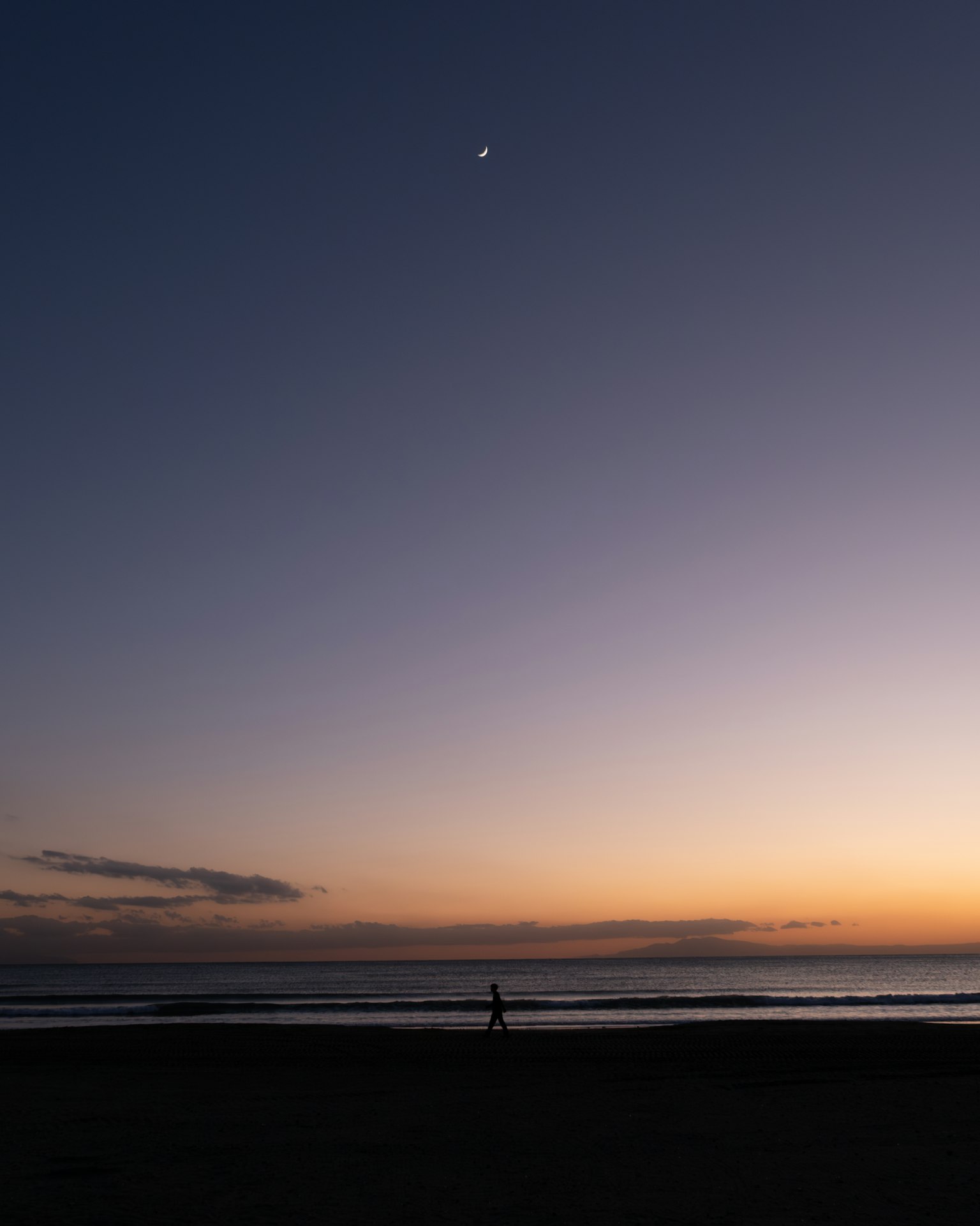 Persona che cammina sulla spiaggia al crepuscolo con un cielo stellato