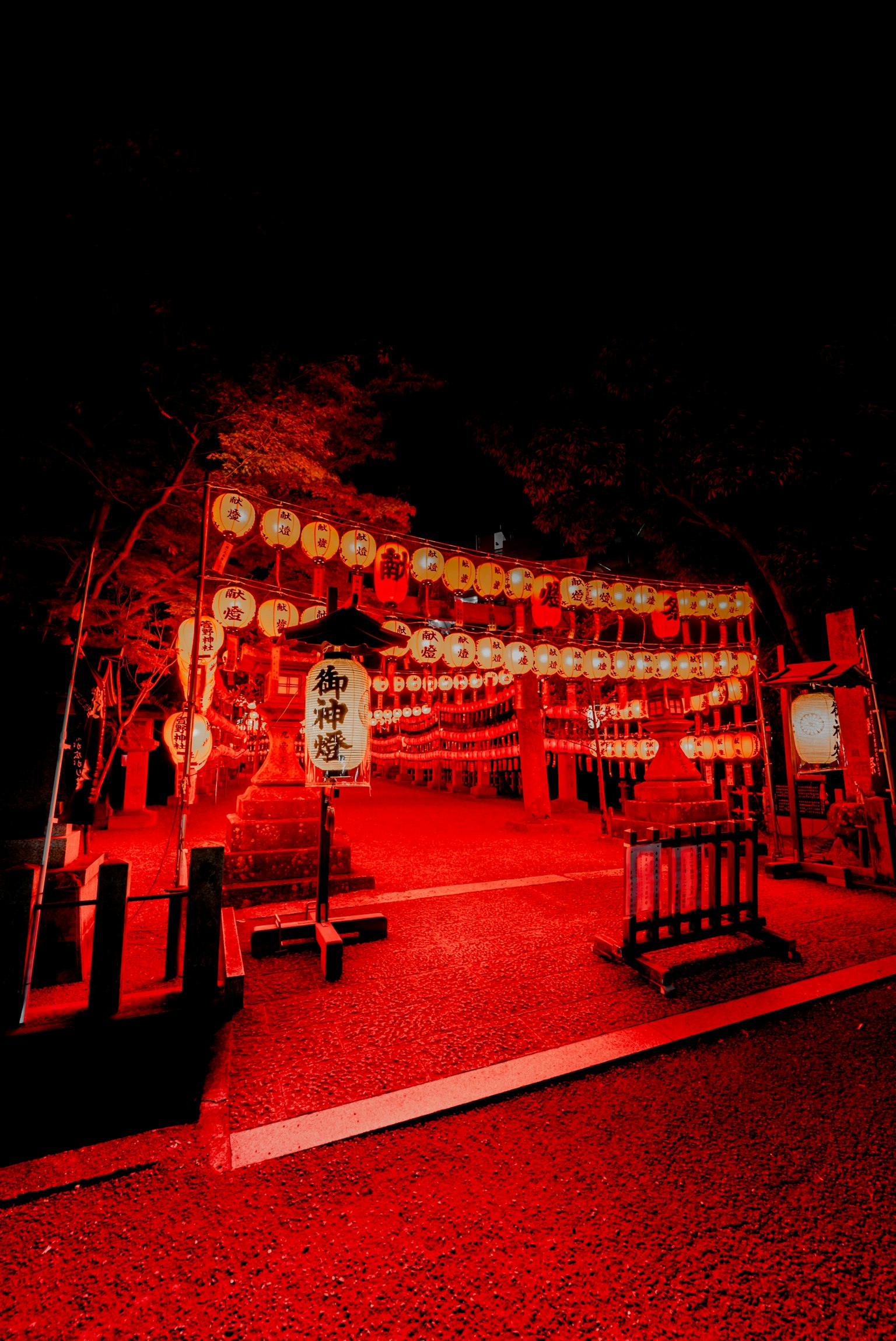 夜晚被紅燈籠照亮的神社入口