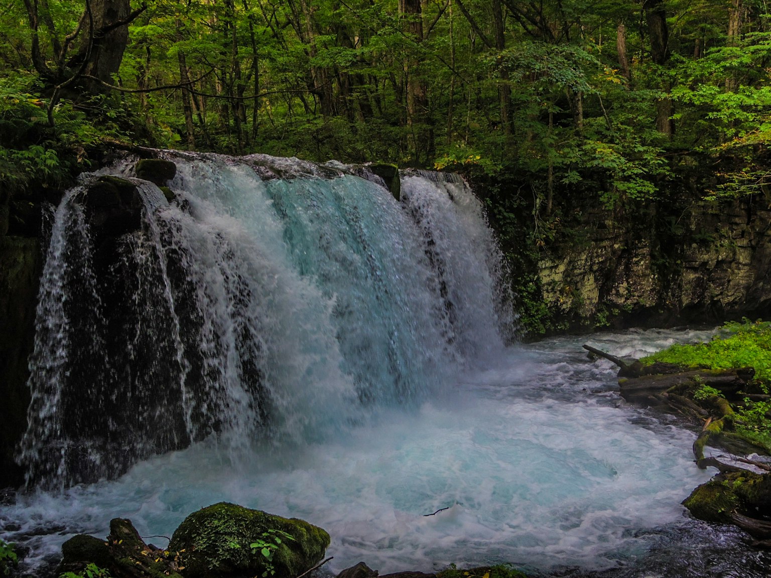 Air terjun berwarna turquoise dikelilingi pepohonan hijau lebat