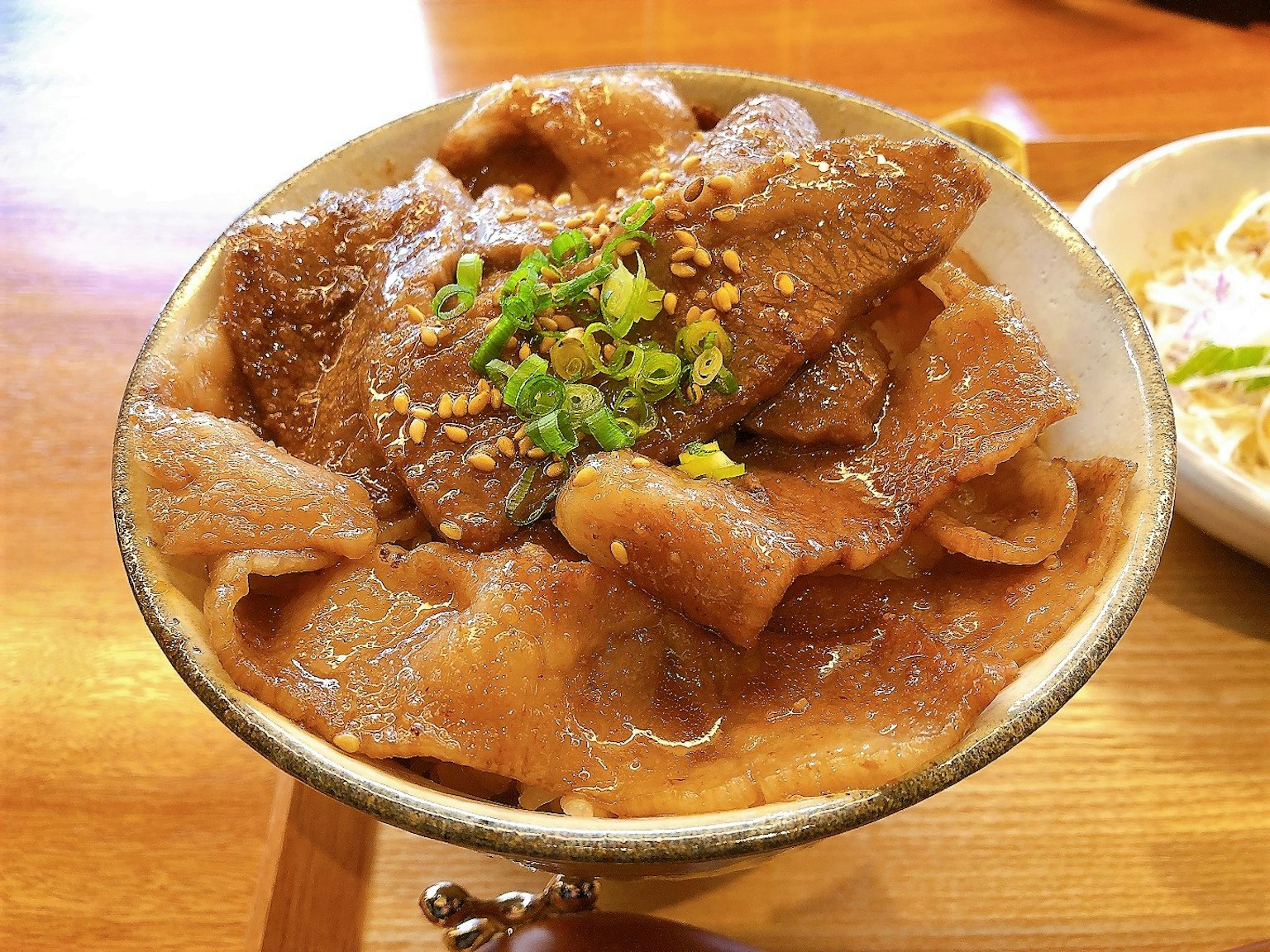 Tazón de rebanadas de carne de res cubiertas con cebollas verdes en salsa sabrosa