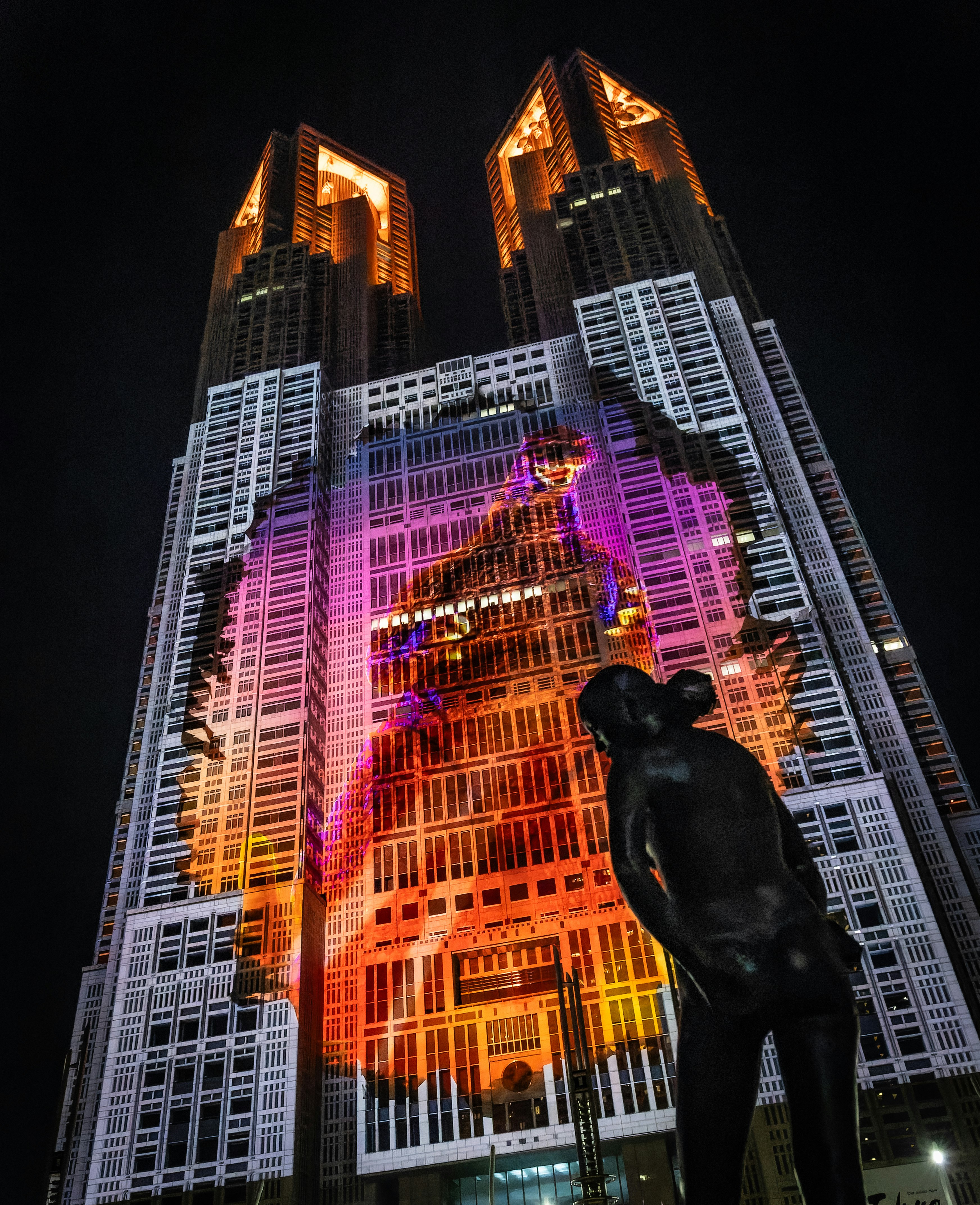 night skyline of illuminated skyscrapers