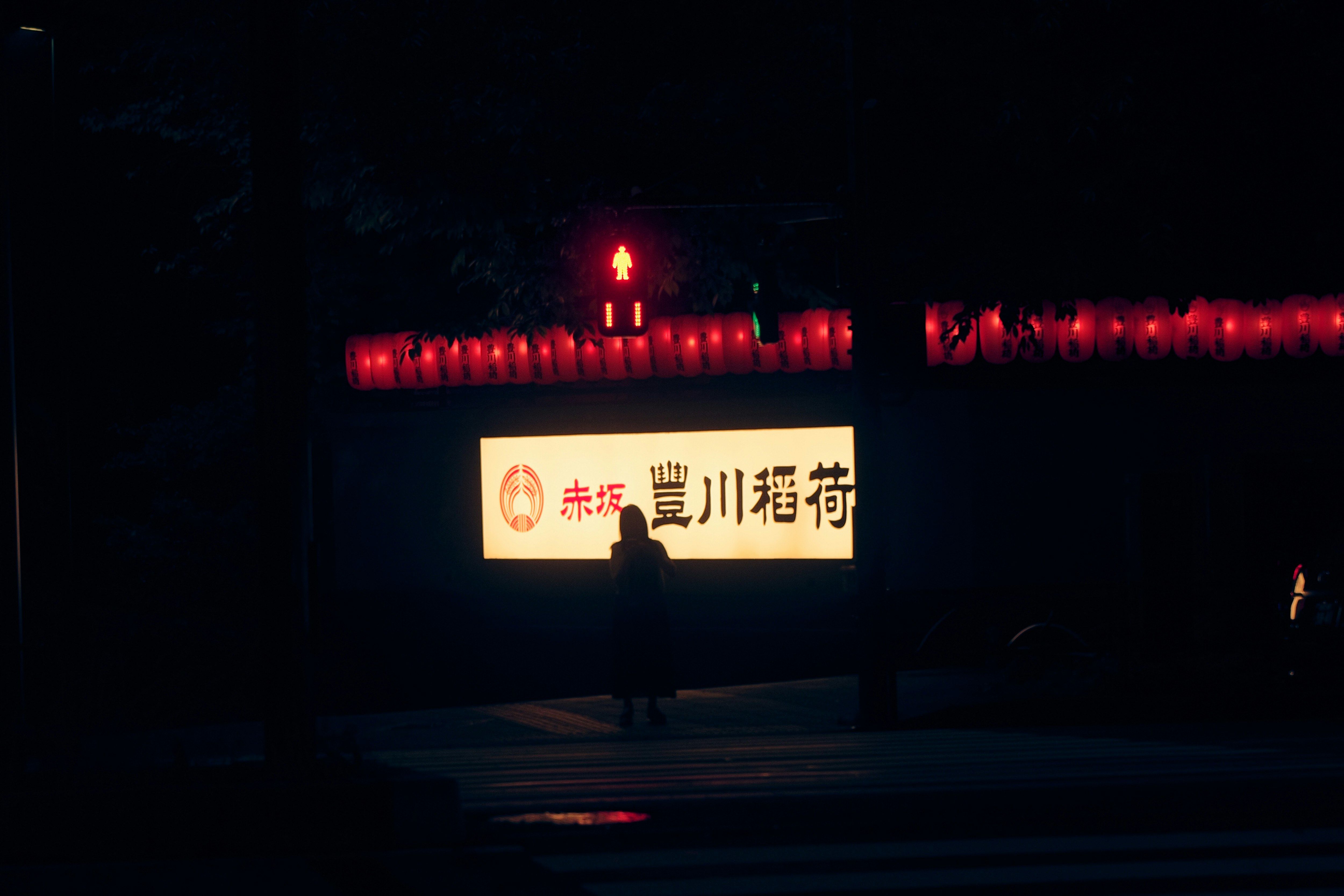 夜の豊川稲荷のシルエットと街並み