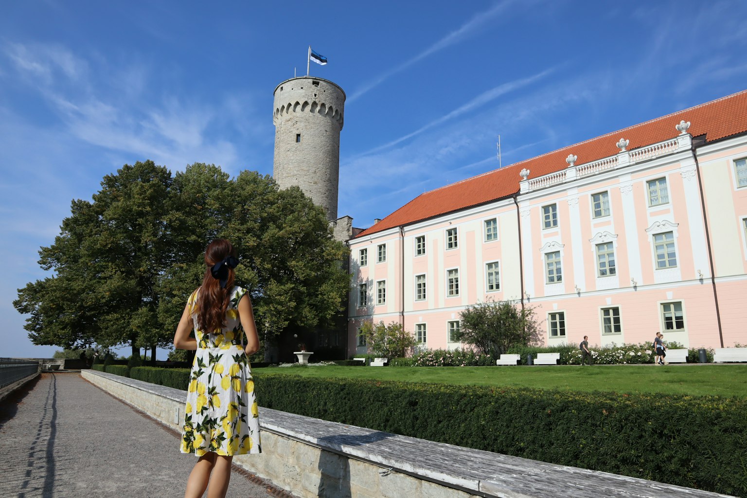 Una donna in un vestito floreale giallo che guarda un castello