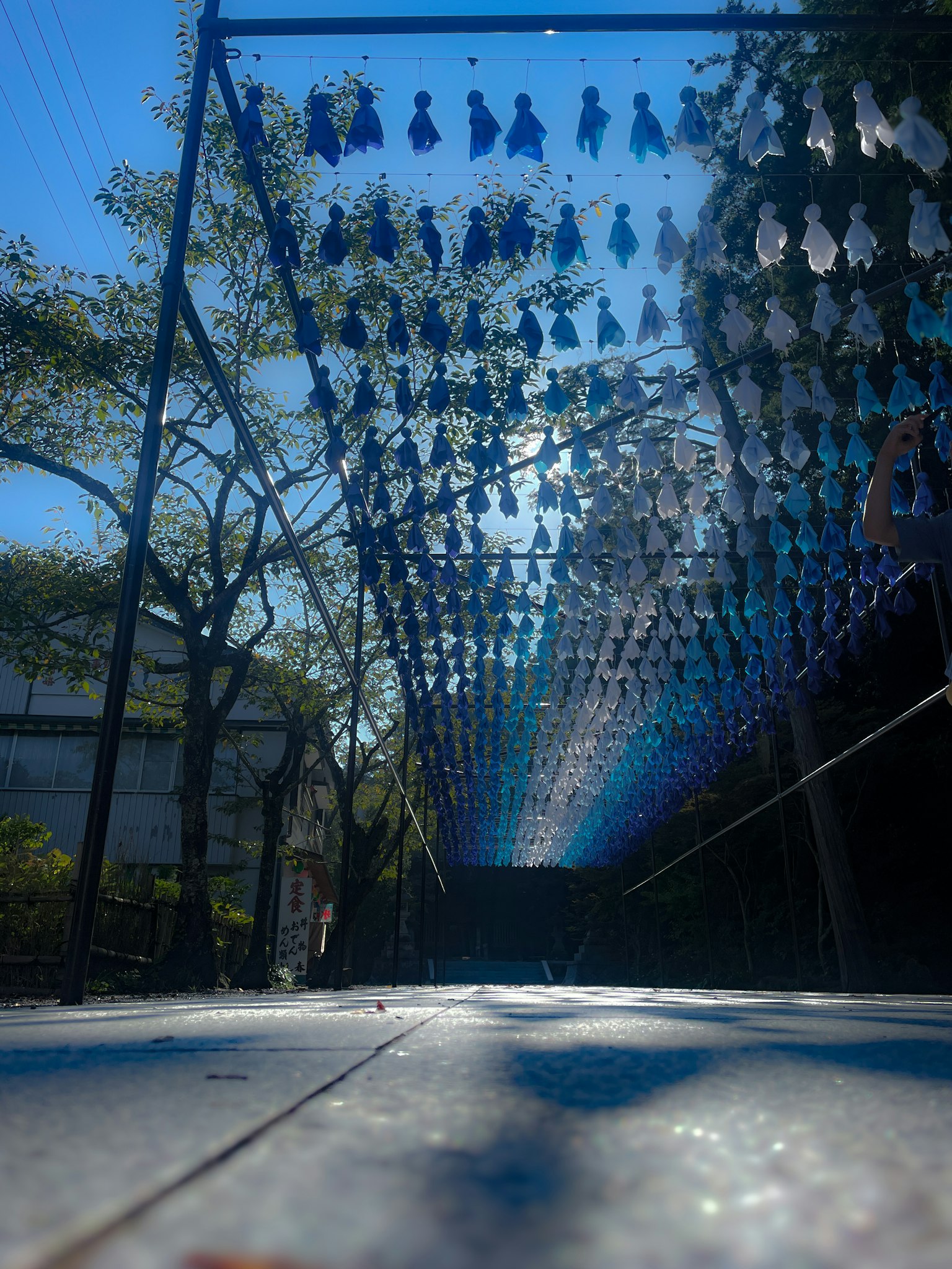 Low angle view of blue bottles hanging in an art installation