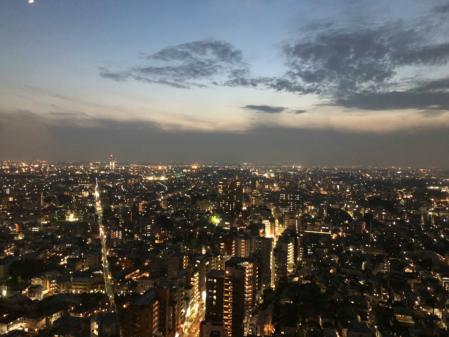 Pemandangan malam Tokyo dengan gedung pencakar langit dan lampu kota membentang di cakrawala
