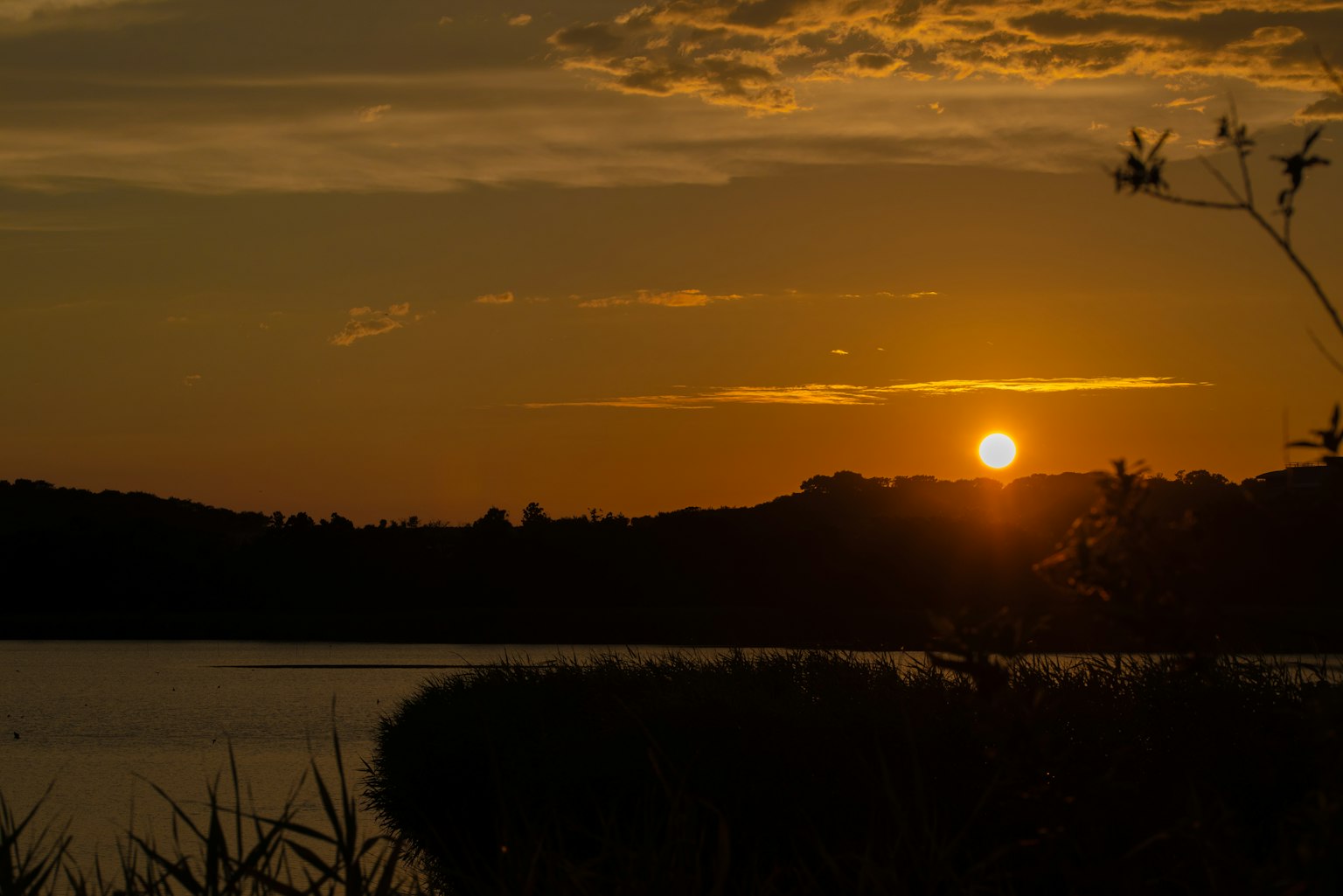 Ruhige Landschaft eines Sees bei Sonnenuntergang mit Silhouetten von Gras und Hügeln