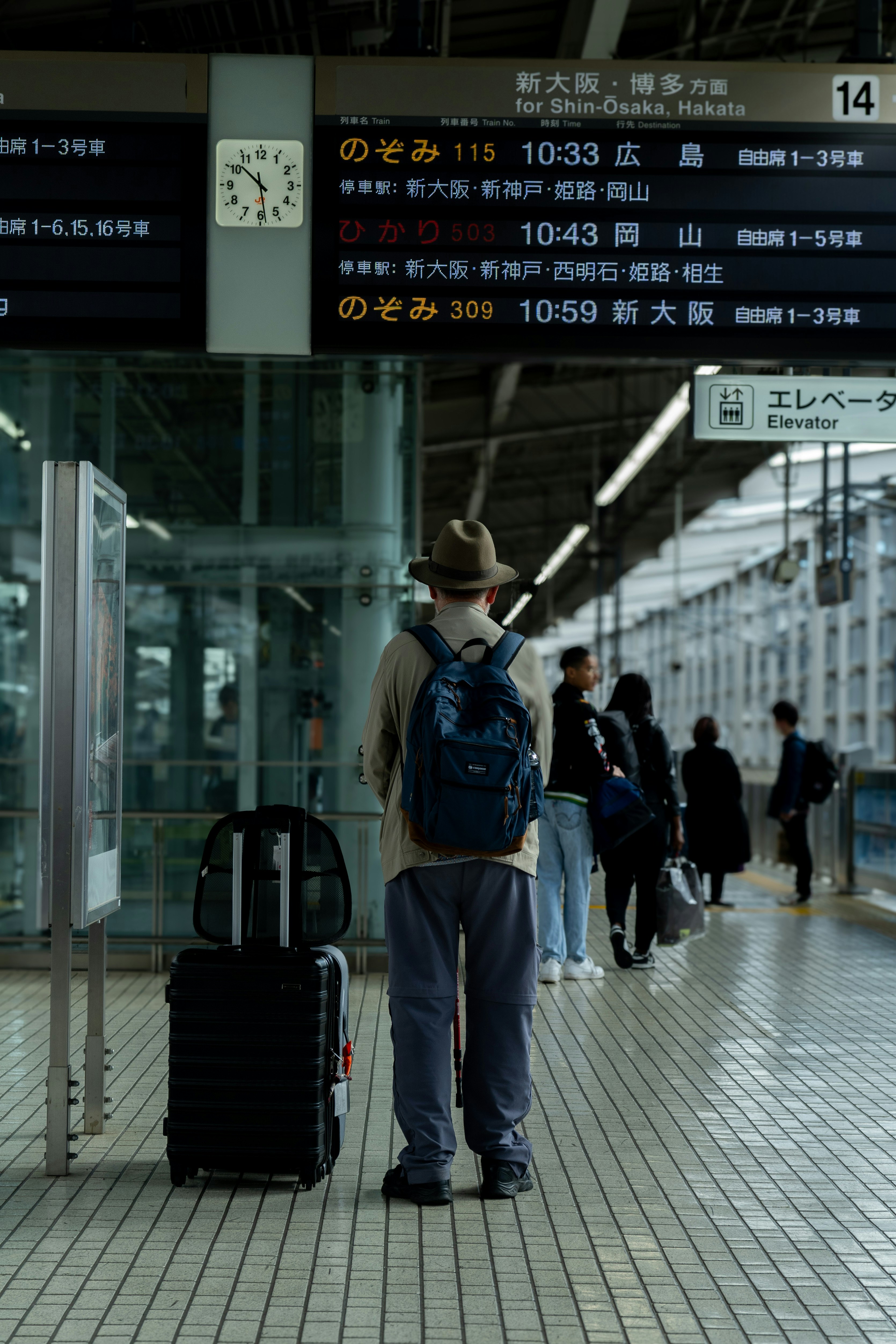 JRの駅ホームで背中を見せる旅行者
