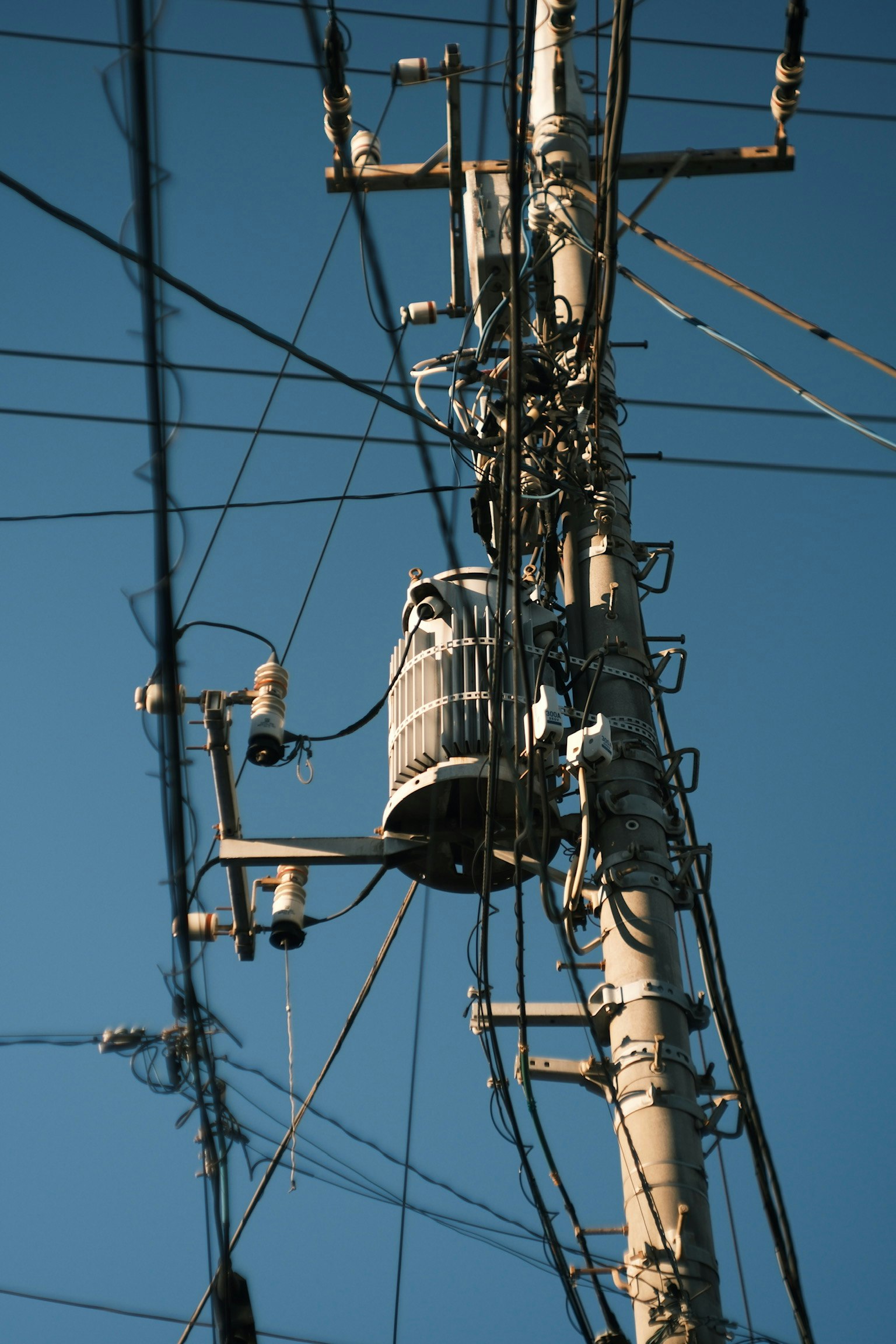 電柱と電線が青空の下に見える
