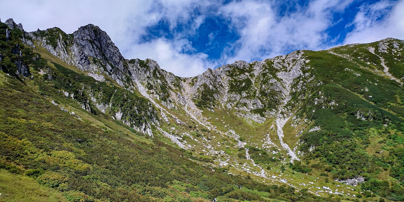 Paisaje montañoso escénico con prados verdes y picos rocosos bajo un cielo azul con nubes