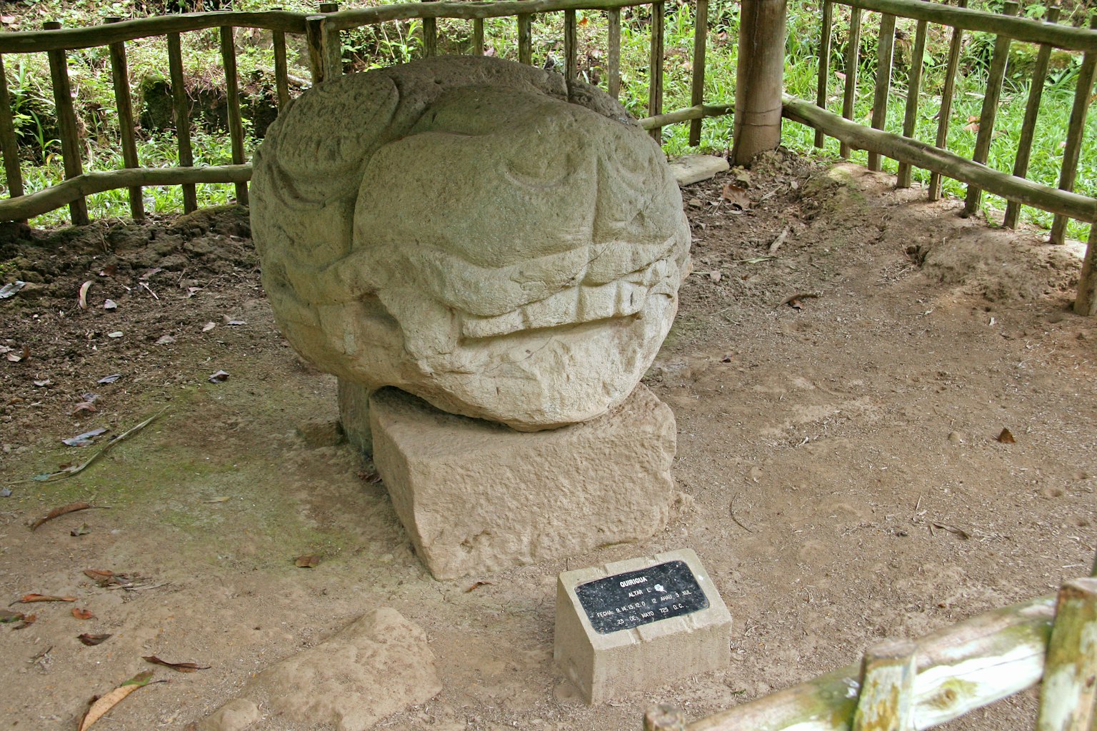 Patung kura-kura batu yang dipajang di area berpagar