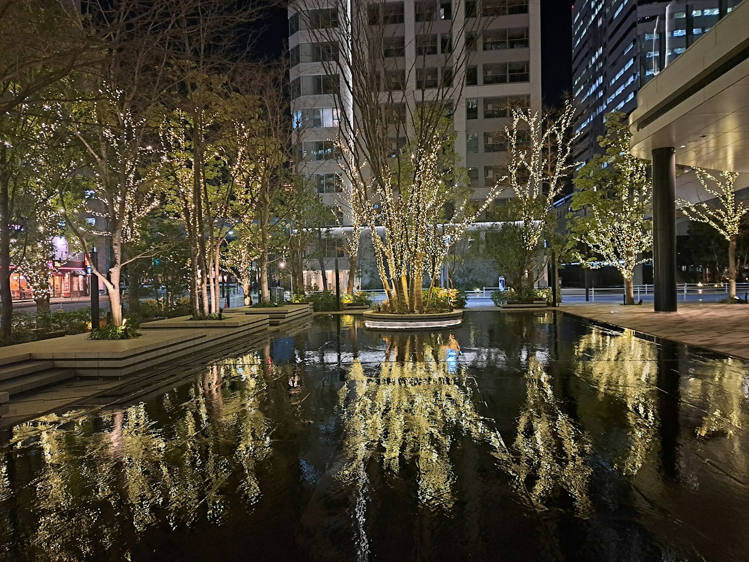 Vue nocturne d'un étang de parc reflétant des arbres illuminés et des bâtiments
