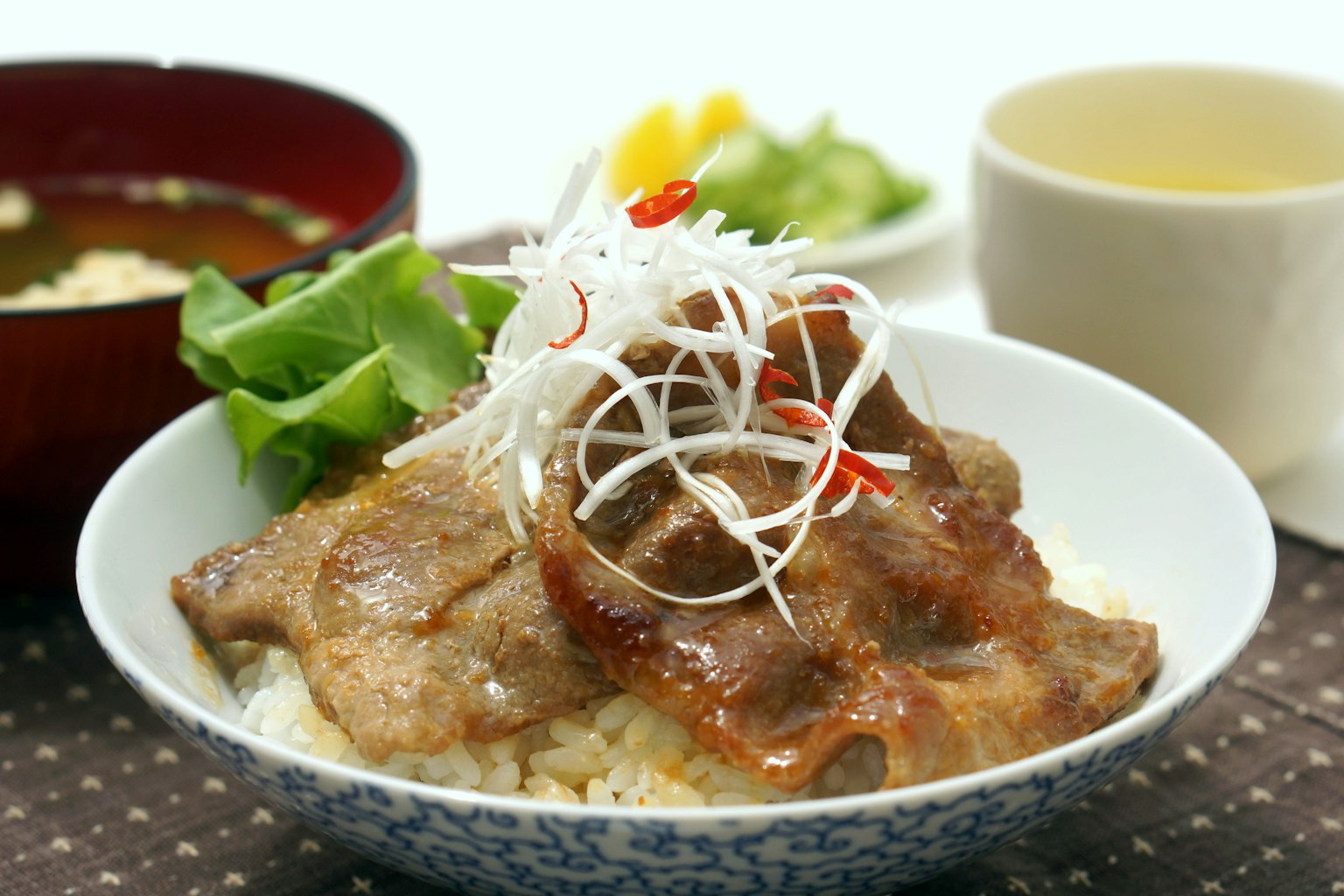 一碗米饭上放着烤猪肉，装饰有白洋葱和红辣椒