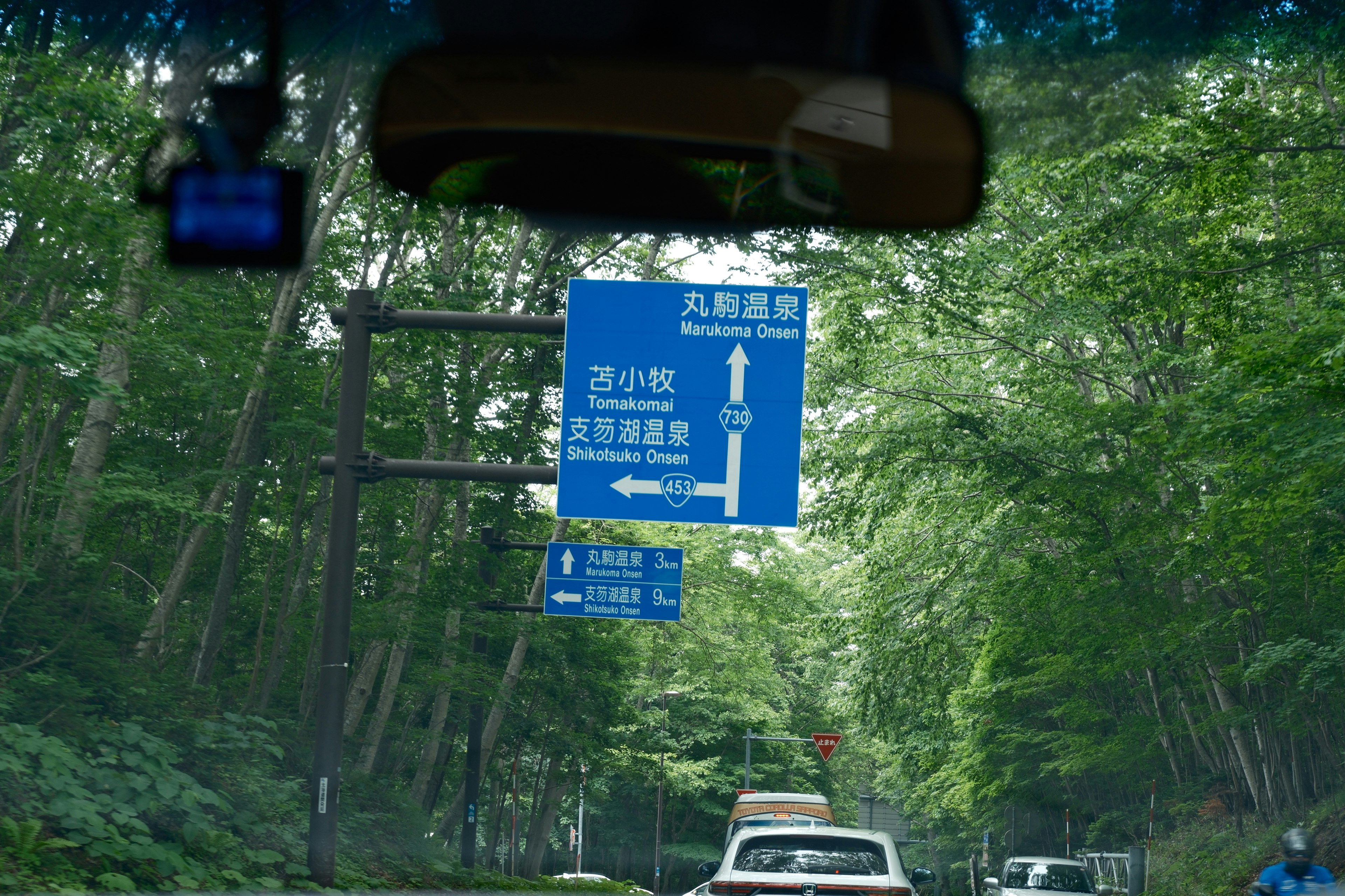 strada con cartelli per Maruseppu Onsen nel mezzo di una foresta, con auto