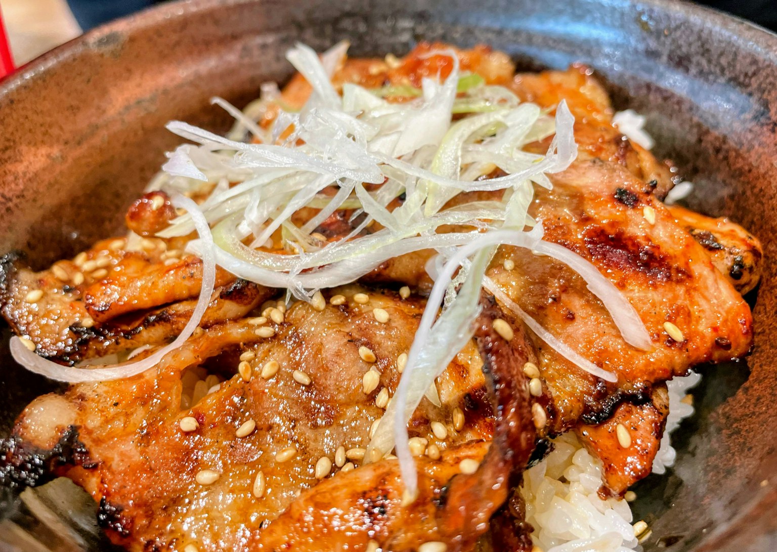 Bowl of grilled chicken with rice topped with green onions and sesame seeds