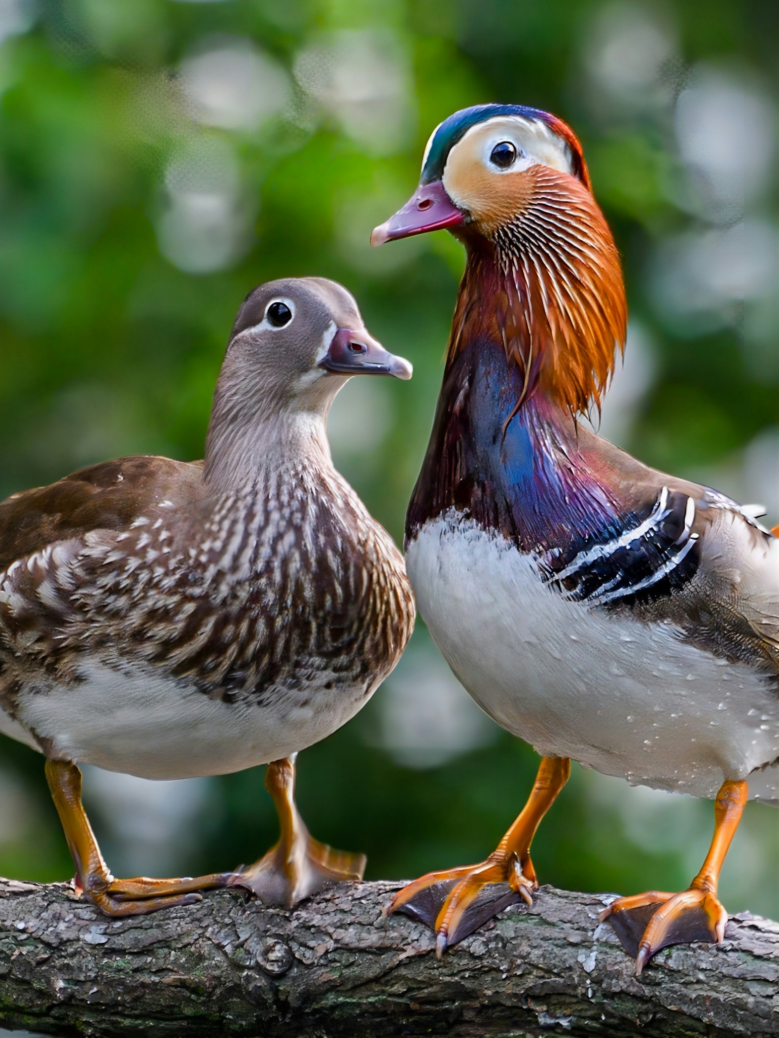 Una pareja de patos posando en una rama con un macho y una hembra de colores vibrantes