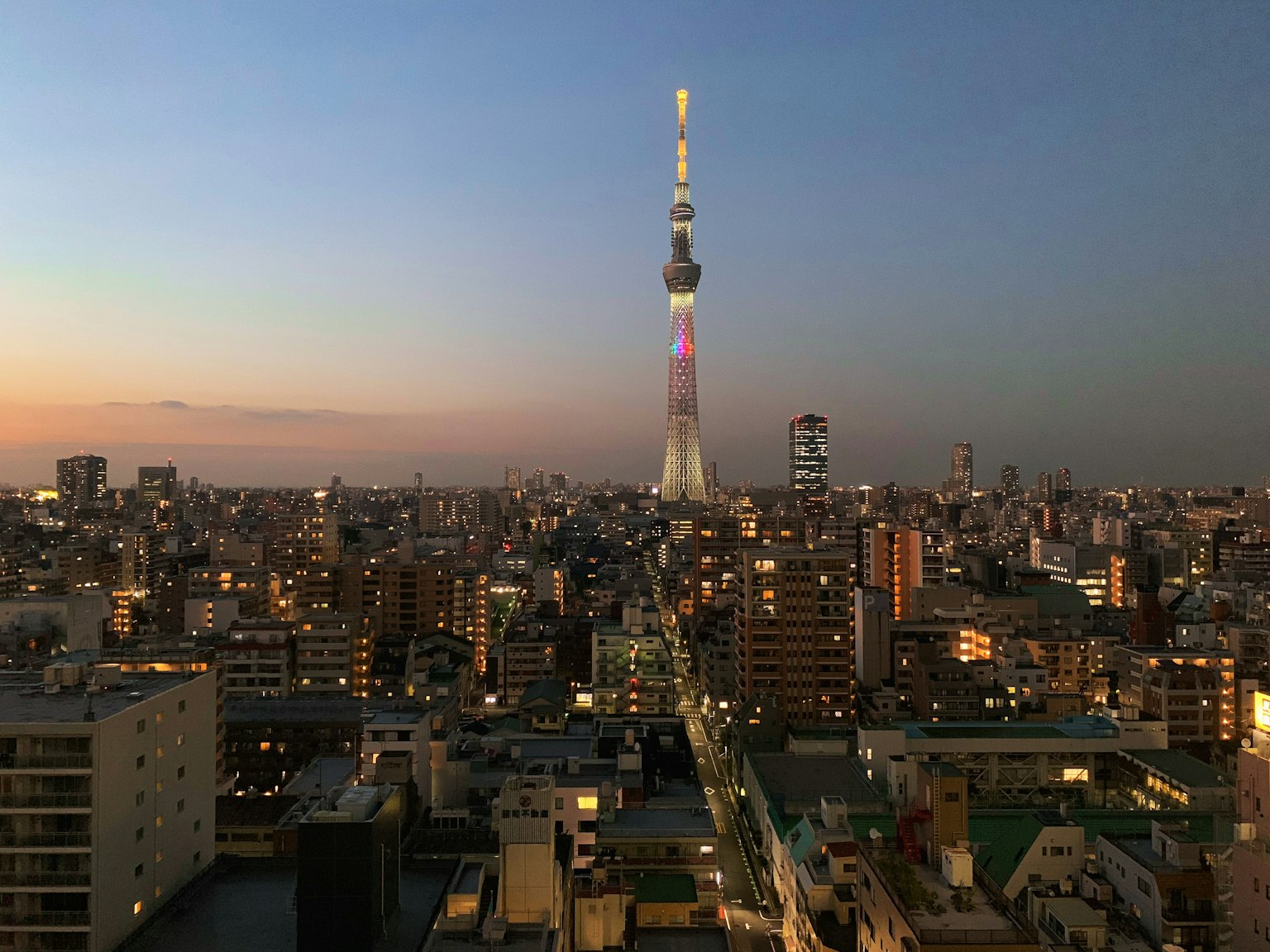 Tokyo Skytree towering over the cityscape at dusk