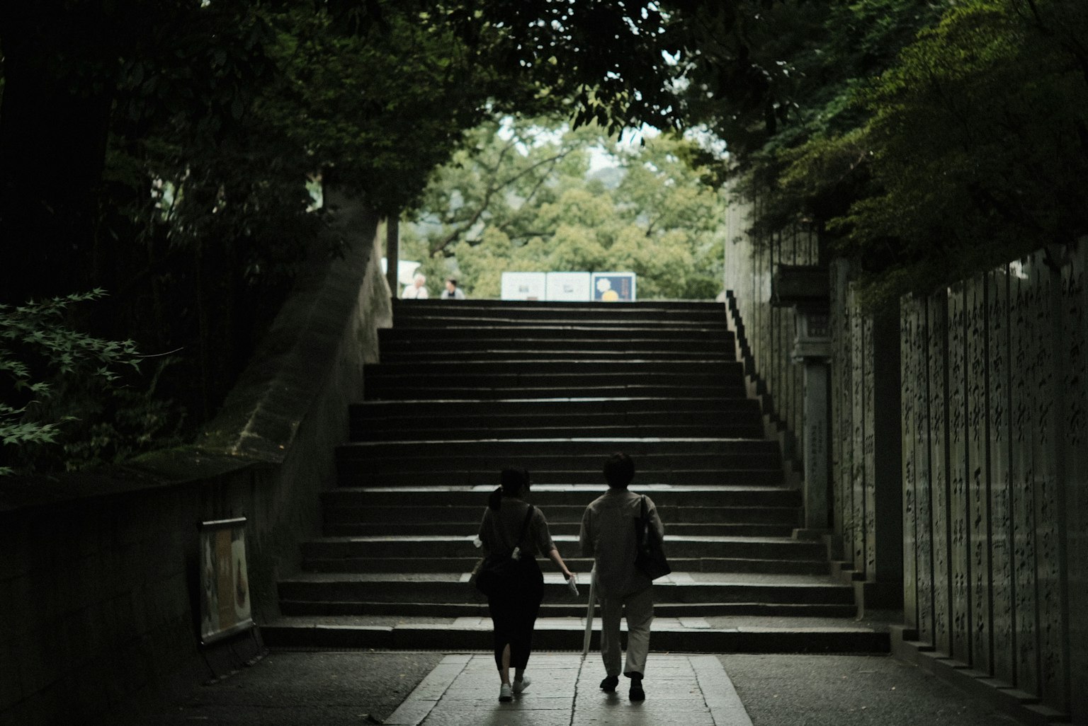 Dos personas subiendo una escalera rodeada de árboles